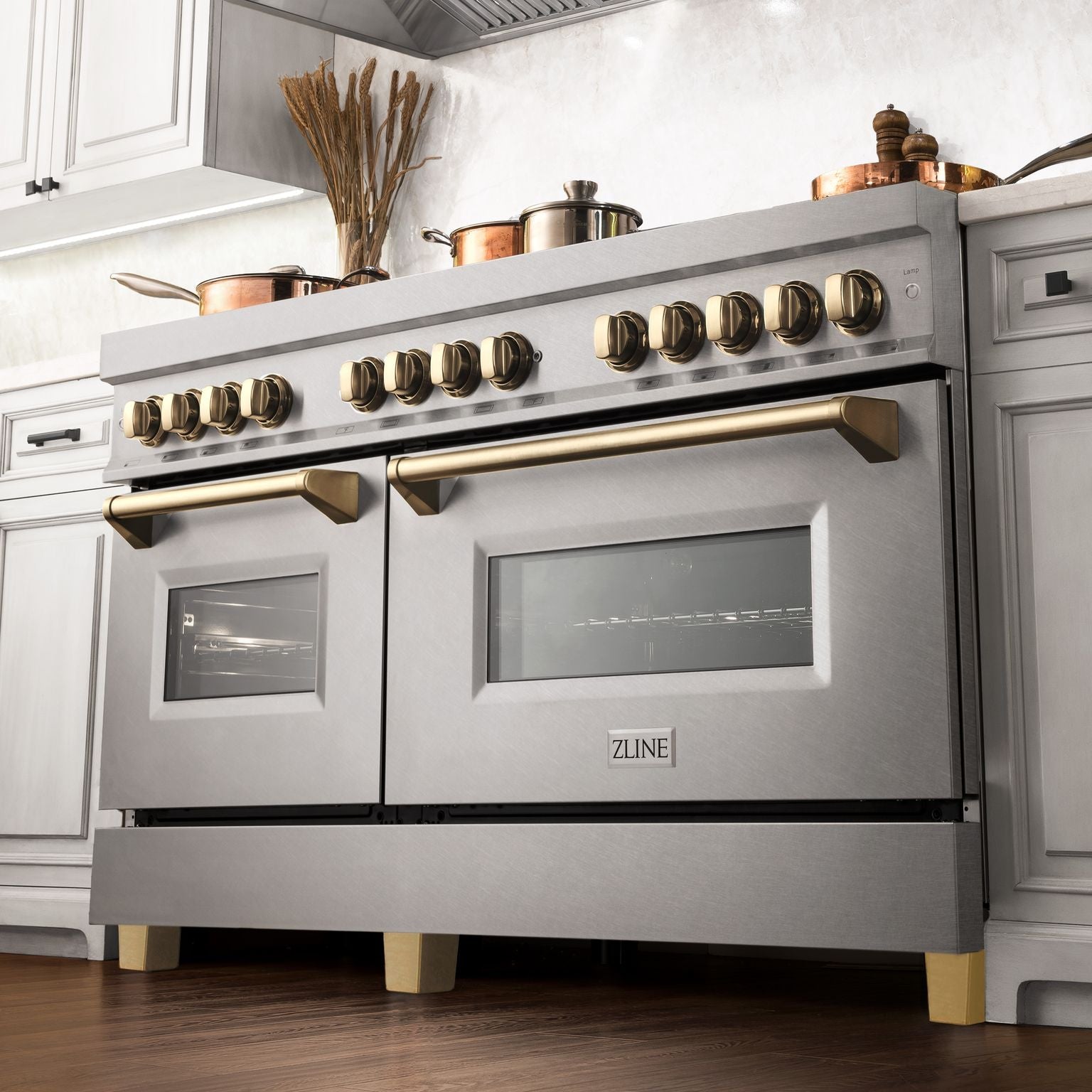 ZLINE Autograph Edition 60 in. 7.4 cu. ft. Legacy Dual Fuel Range with 9 Burner Gas Cooktop and 2 Electric Convection Ovens in Satin Stainless Steel with Polished Gold Accents (RASZ-SN-60-G)