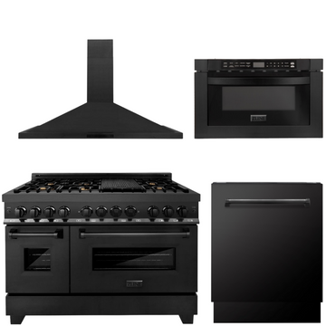 ZLINE Appliance Package - 48 In. Dual Fuel Range, Range Hood, Microwave and Dishwasher in Black Stainless Steel, 4KP-RABRH48-MWDWV