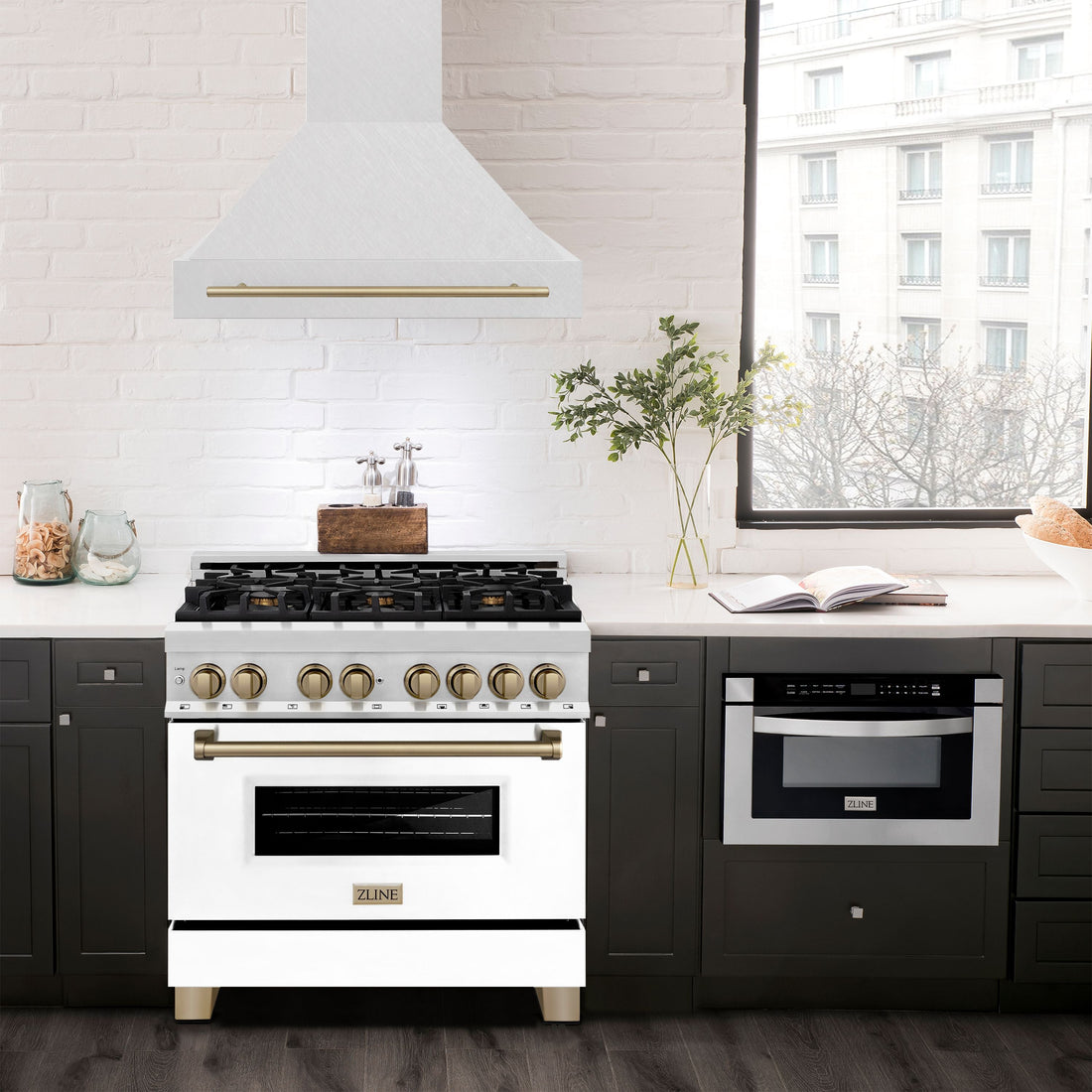 ZLINE 36 in. Wall Mount Range Hood Satin Stainless Steel 400 CFM Champagne Bronze Handle (8654SNZ-36-CB)