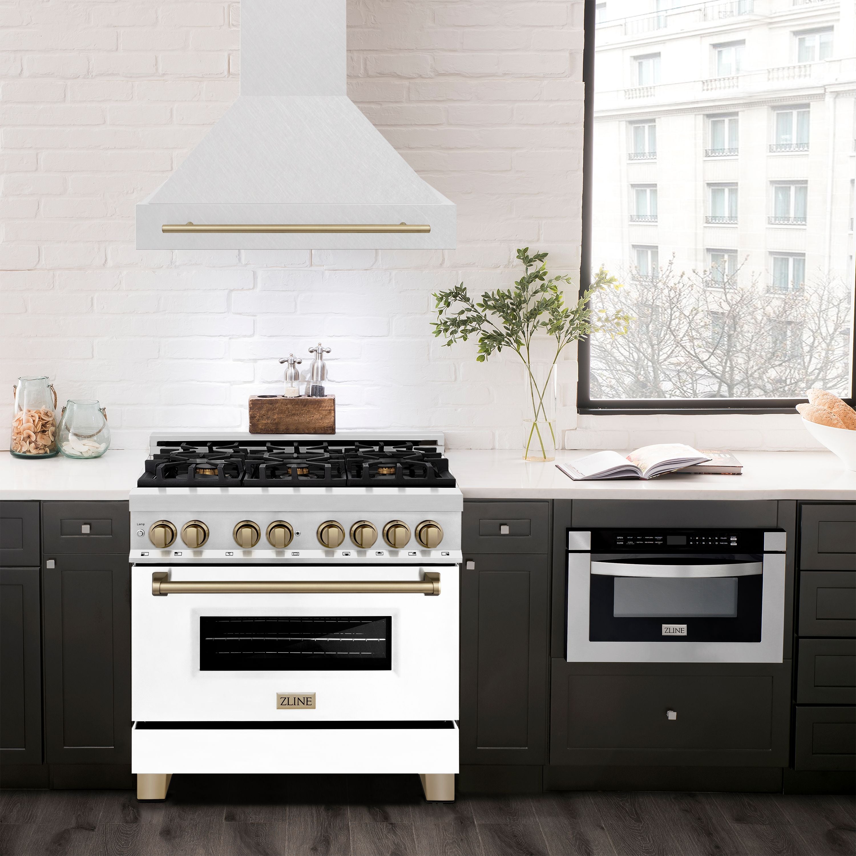 ZLINE 36 in. Wall Mount Range Hood Satin Stainless Steel 400 CFM Champagne Bronze Handle (8654SNZ-36-CB)