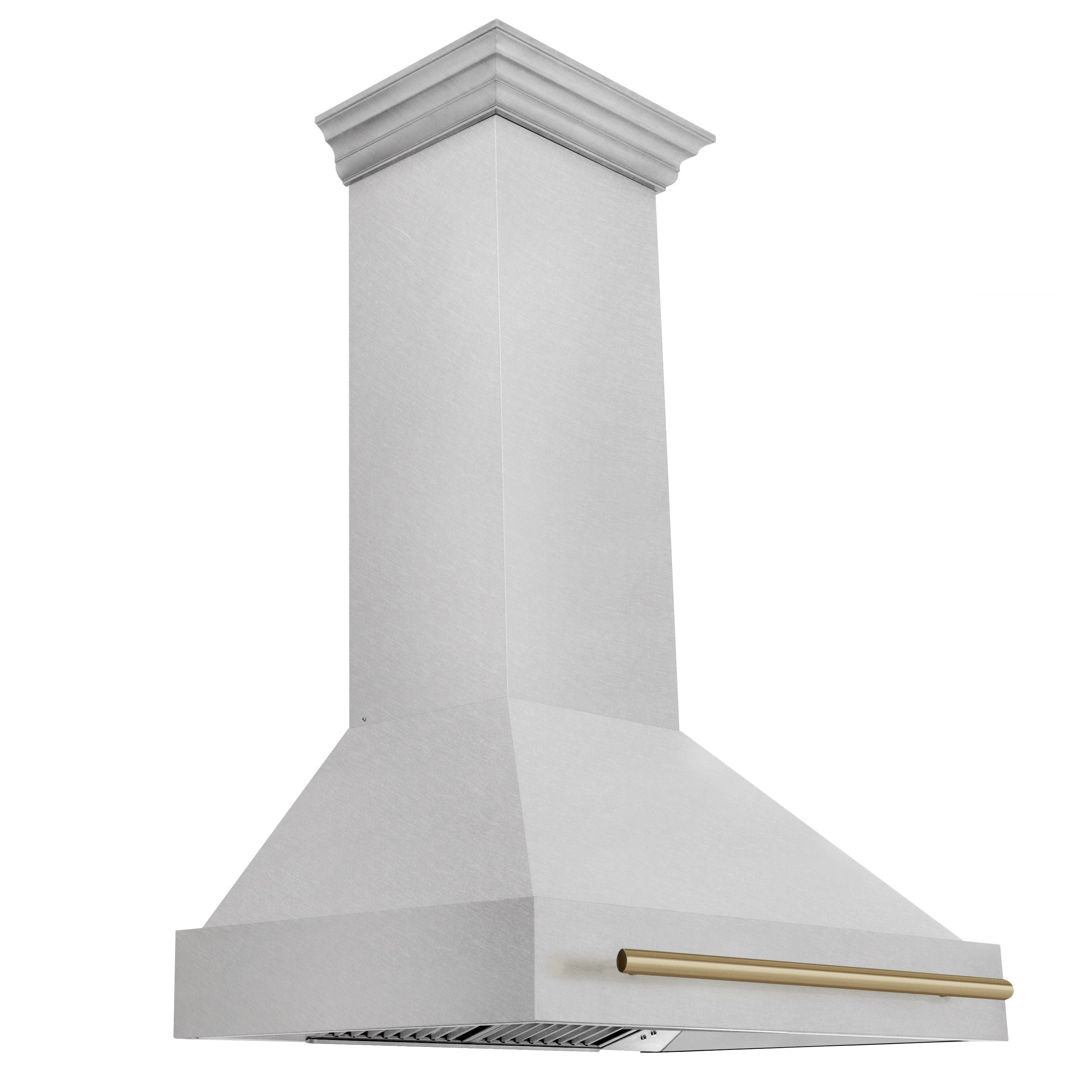 ZLINE 36 in. Wall Mount Range Hood Satin Stainless Steel 400 CFM Champagne Bronze Handle (8654SNZ-36-CB)