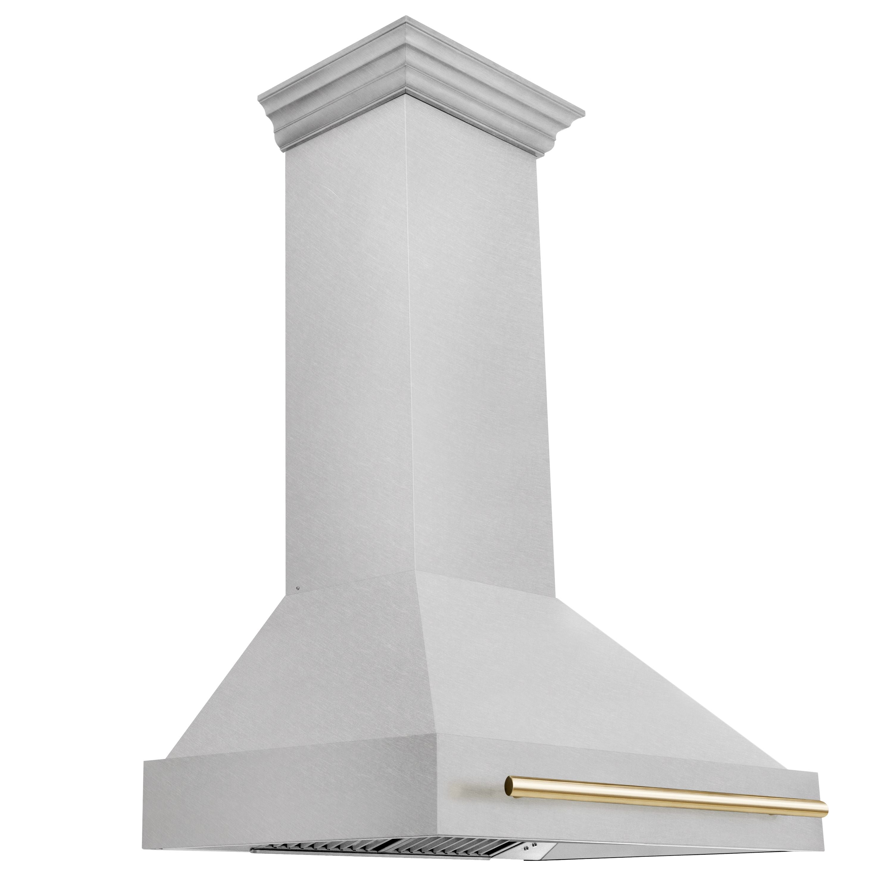 ZLINE 36" Wall Mount Range Hood – Satin Stainless Steel, Polished Gold Handle, 8654SNZ-36-G