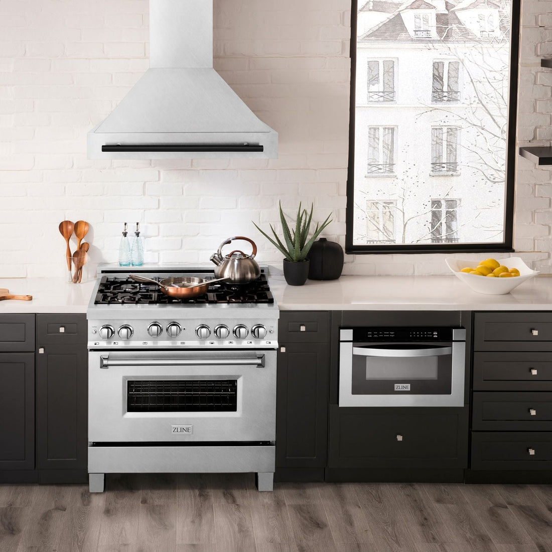 ZLINE 36 Inch Wall Mount Range Hood Satin Stainless Steel Matte Black Handle 8654SNZ-36-MB