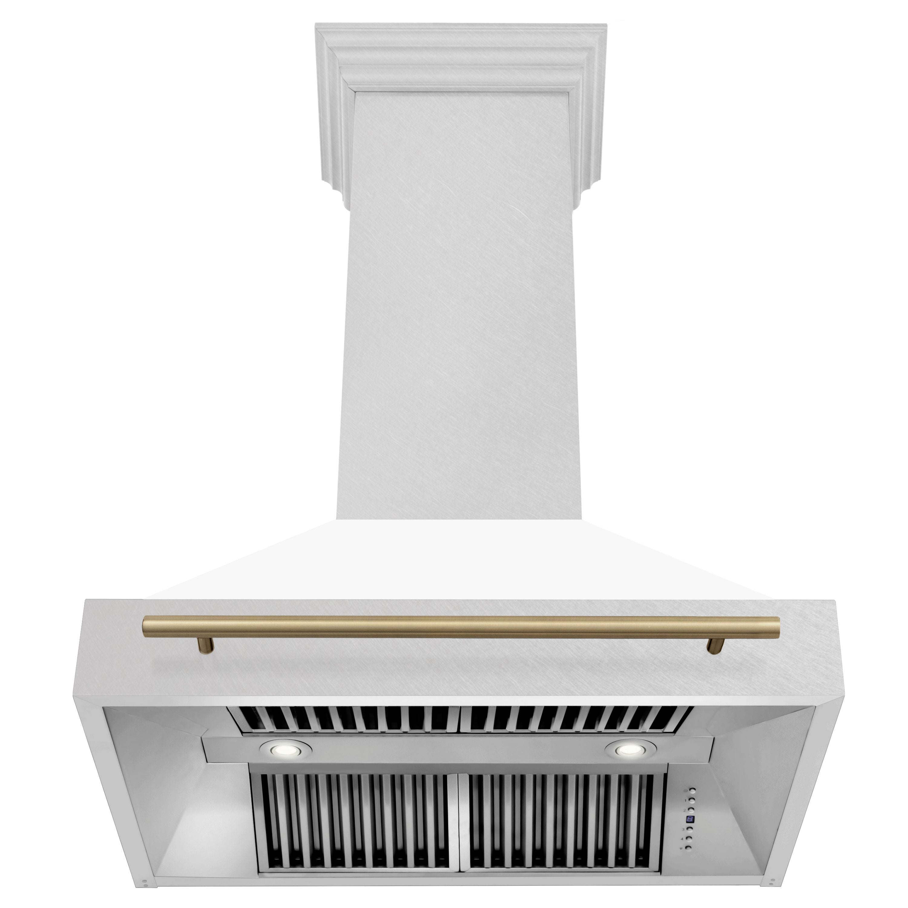 ZLINE 36 in Wall Mount Range Hood Satin Stainless Steel White Matte Shell Champagne Bronze Handle 8654SNZ-WM36-CB