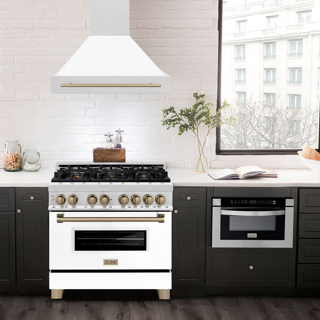 ZLINE 36 in Wall Mount Range Hood Satin Stainless Steel White Matte Shell Champagne Bronze Handle 8654SNZ-WM36-CB