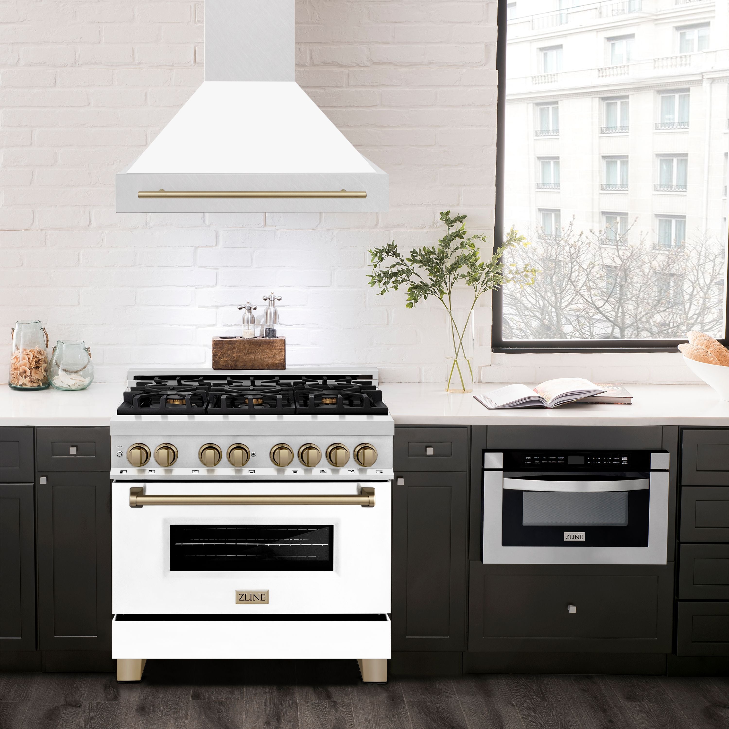 ZLINE 36 in Wall Mount Range Hood Satin Stainless Steel White Matte Shell Champagne Bronze Handle 8654SNZ-WM36-CB