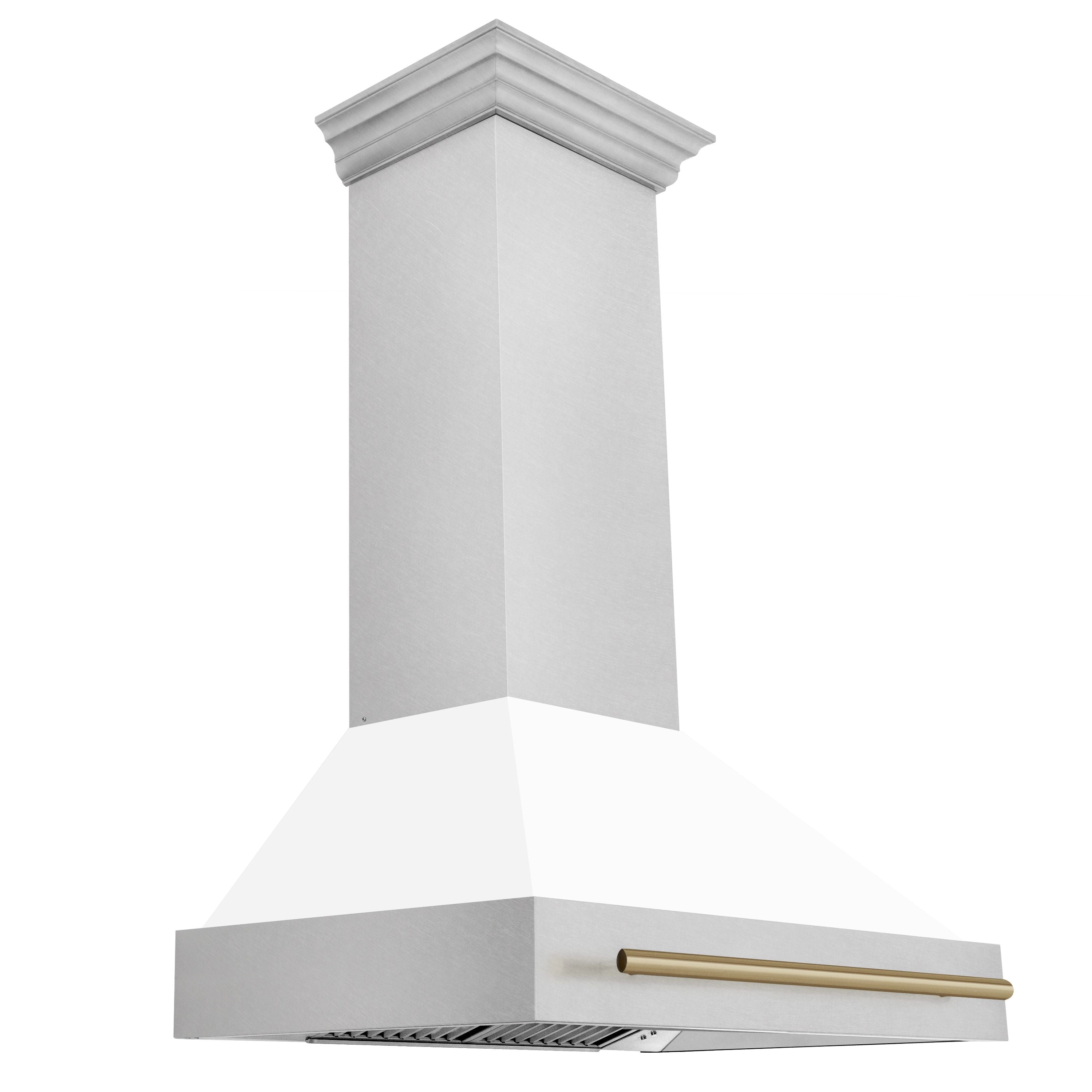 ZLINE 36 in Wall Mount Range Hood Satin Stainless Steel White Matte Shell Champagne Bronze Handle 8654SNZ-WM36-CB