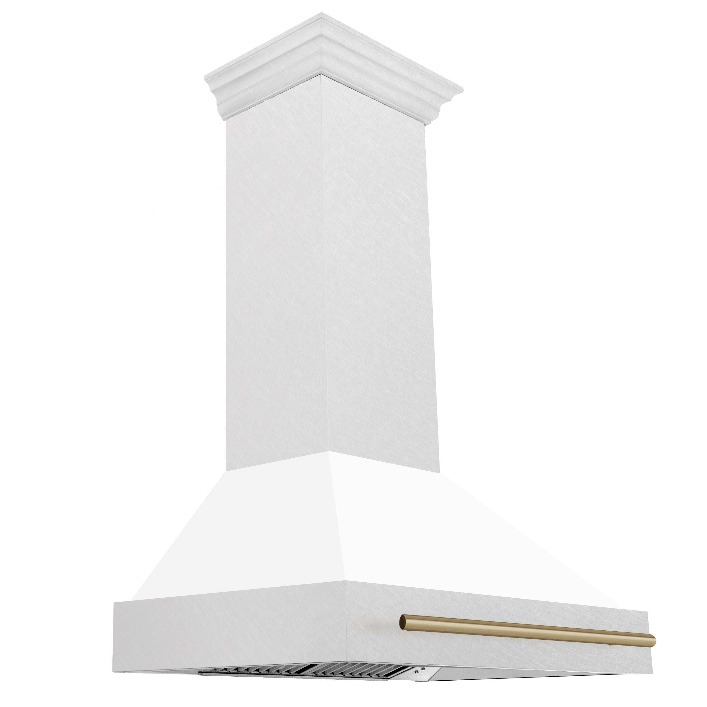ZLINE 36 in Wall Mount Range Hood Satin Stainless Steel White Matte Shell Champagne Bronze Handle 8654SNZ-WM36-CB