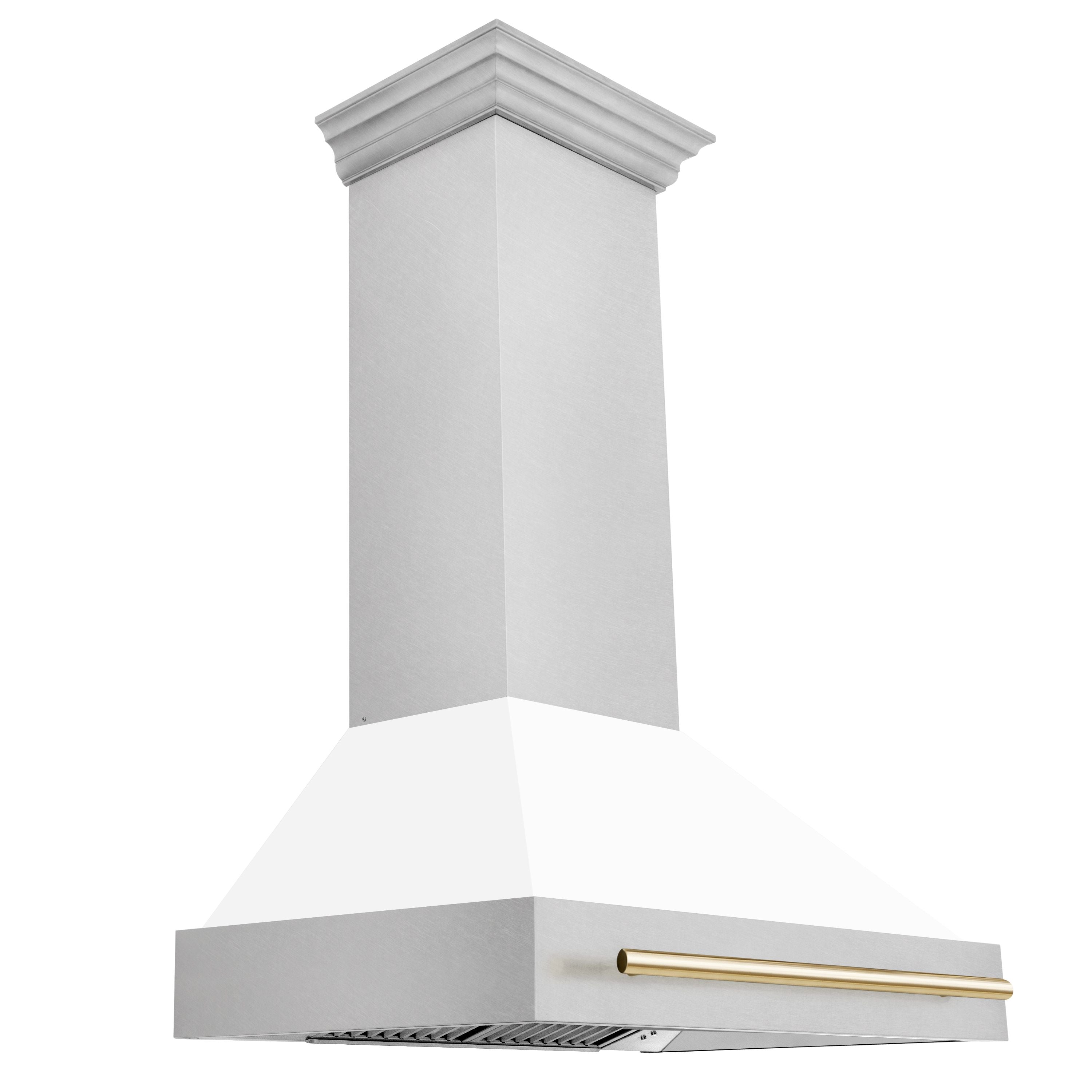 ZLINE 36 in. Wall Mount Range Hood Satin Stainless Steel White Matte Shell 700 CFM Polished Gold Handle (8654SNZ-WM36-G)