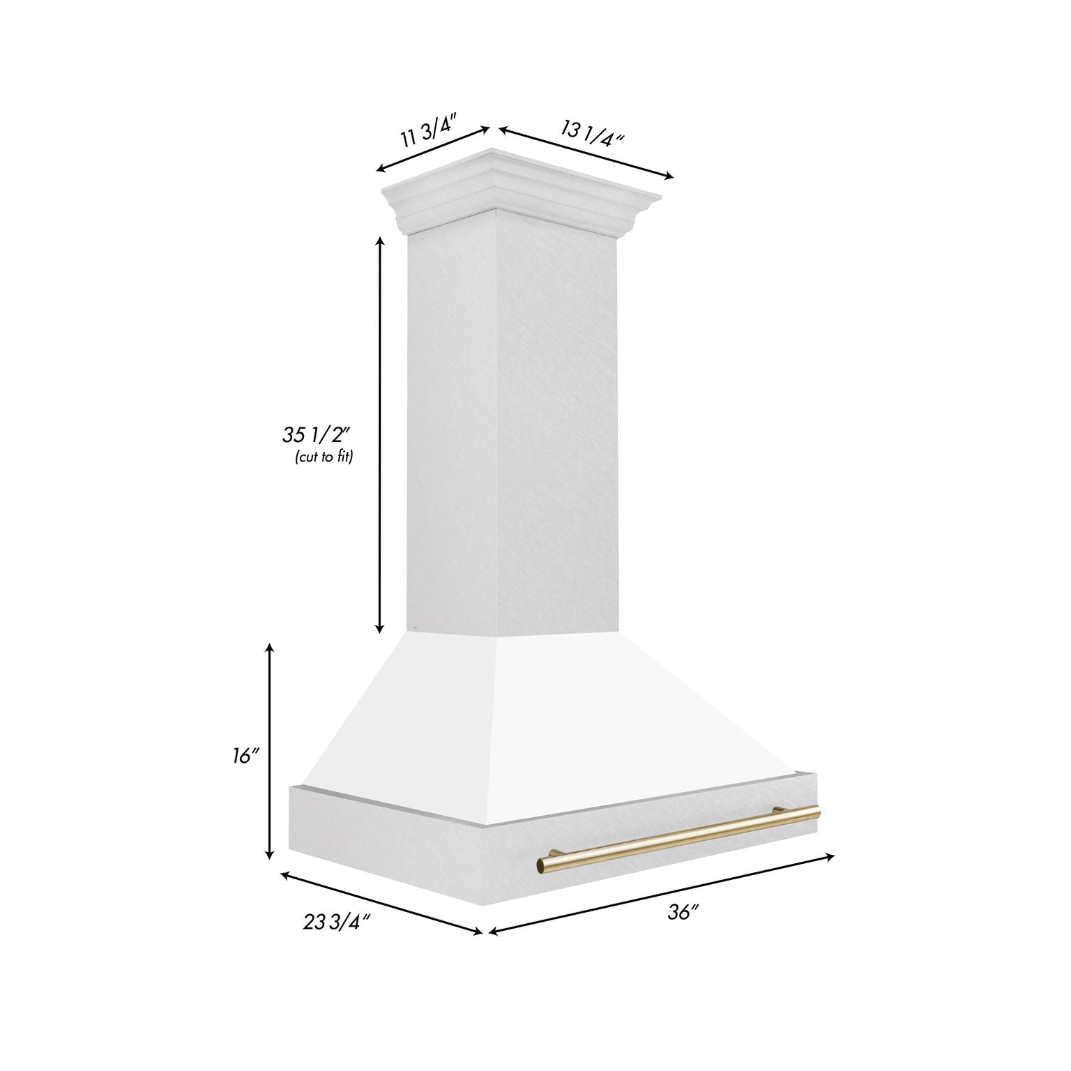 ZLINE 36 in. Wall Mount Range Hood Satin Stainless Steel White Matte Shell 700 CFM Polished Gold Handle (8654SNZ-WM36-G)