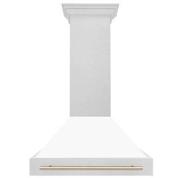 ZLINE 36 in. Wall Mount Range Hood Satin Stainless Steel White Matte Shell 700 CFM Polished Gold Handle (8654SNZ-WM36-G)