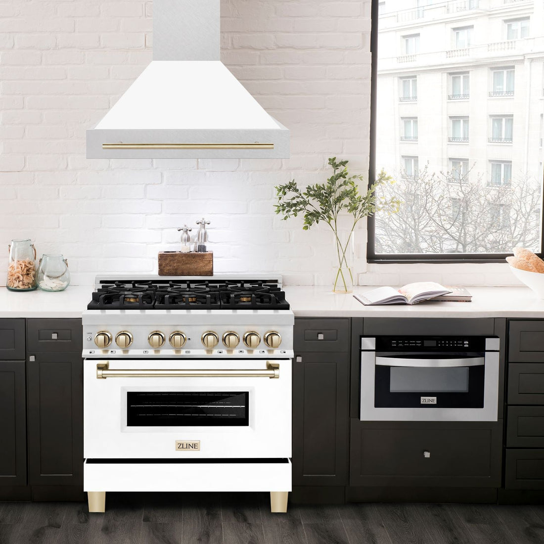 ZLINE 36 in. Wall Mount Range Hood Satin Stainless Steel White Matte Shell 700 CFM Polished Gold Handle (8654SNZ-WM36-G)
