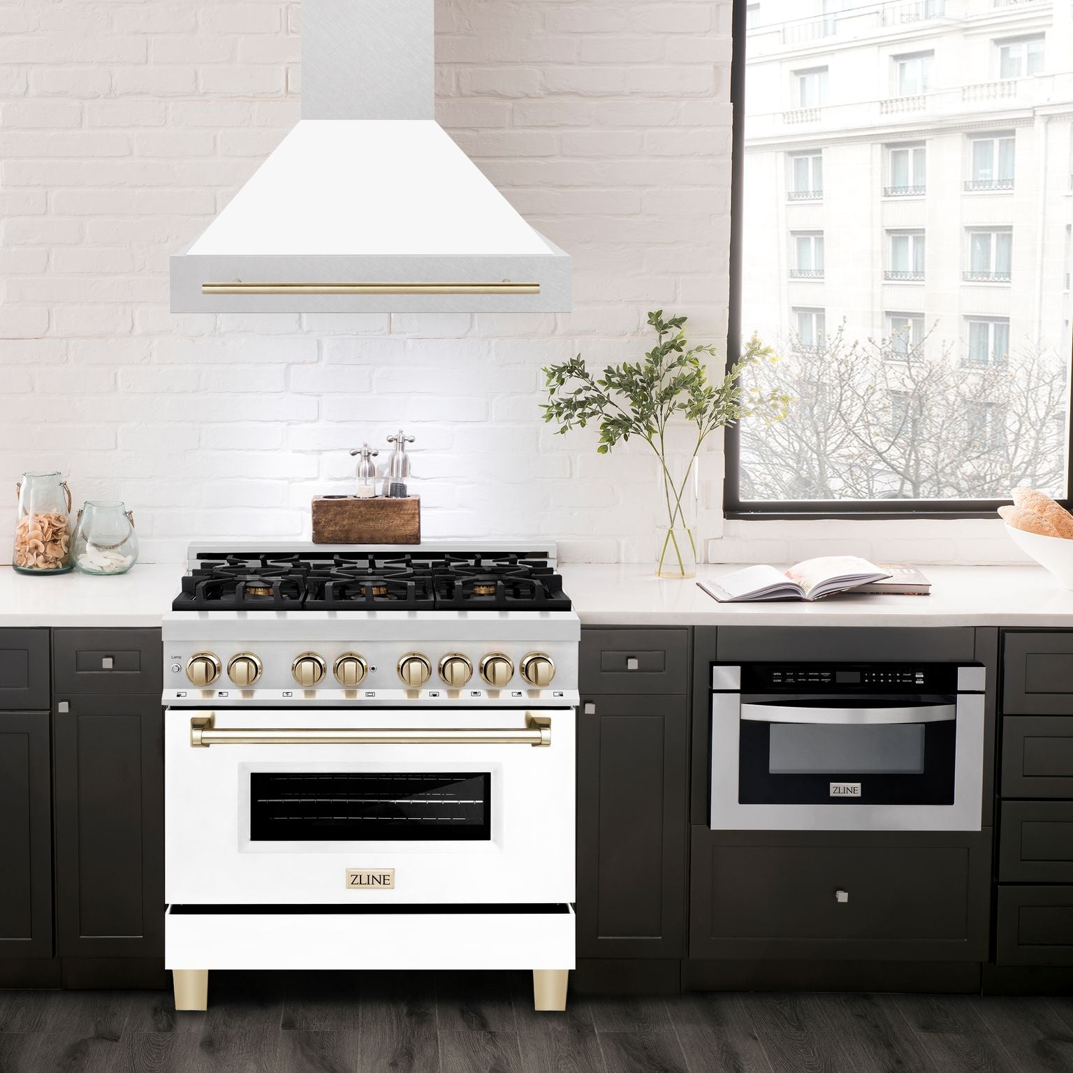 ZLINE 36 in. Wall Mount Range Hood Satin Stainless Steel White Matte Shell 700 CFM Polished Gold Handle (8654SNZ-WM36-G)