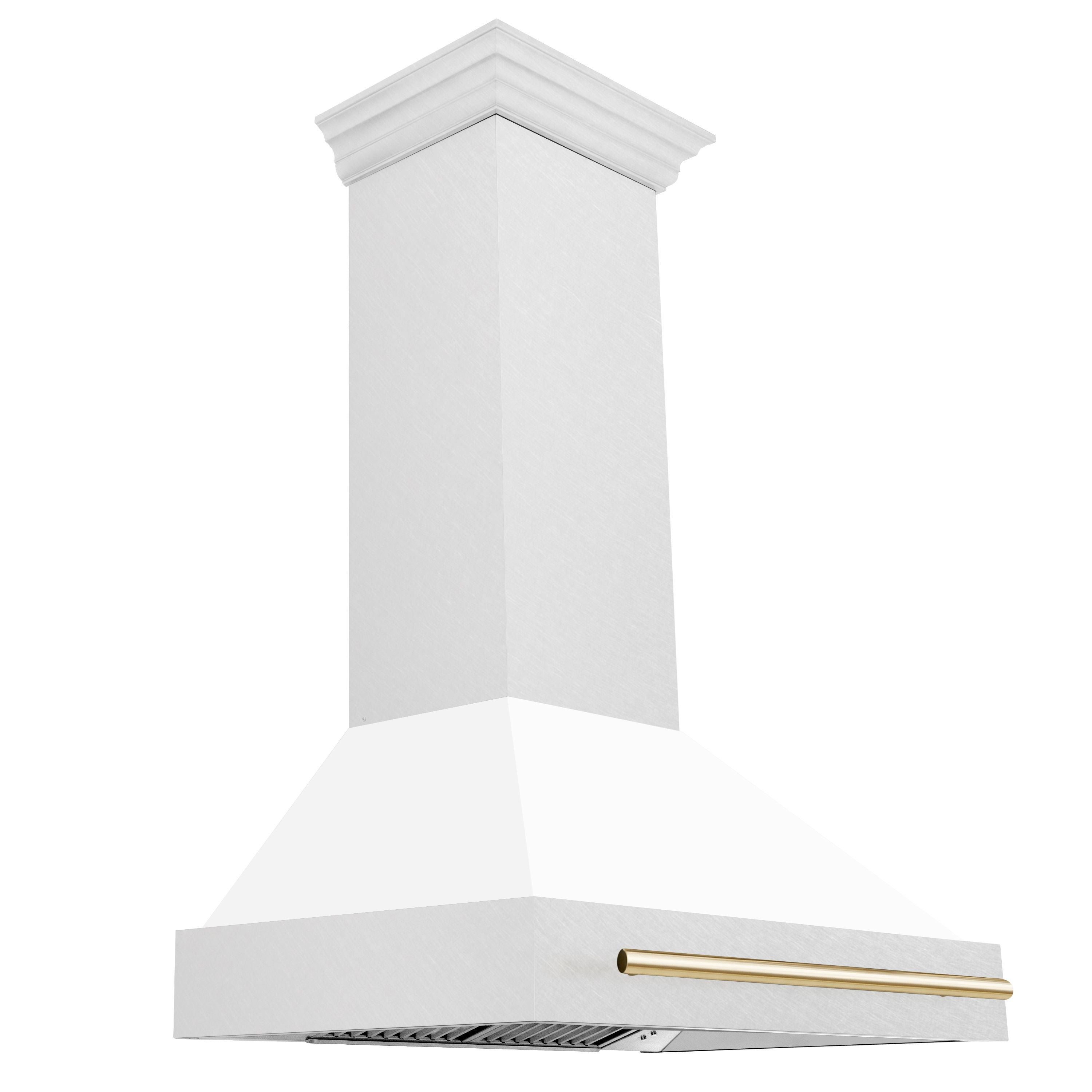 ZLINE 36 in. Wall Mount Range Hood Satin Stainless Steel White Matte Shell 700 CFM Polished Gold Handle (8654SNZ-WM36-G)