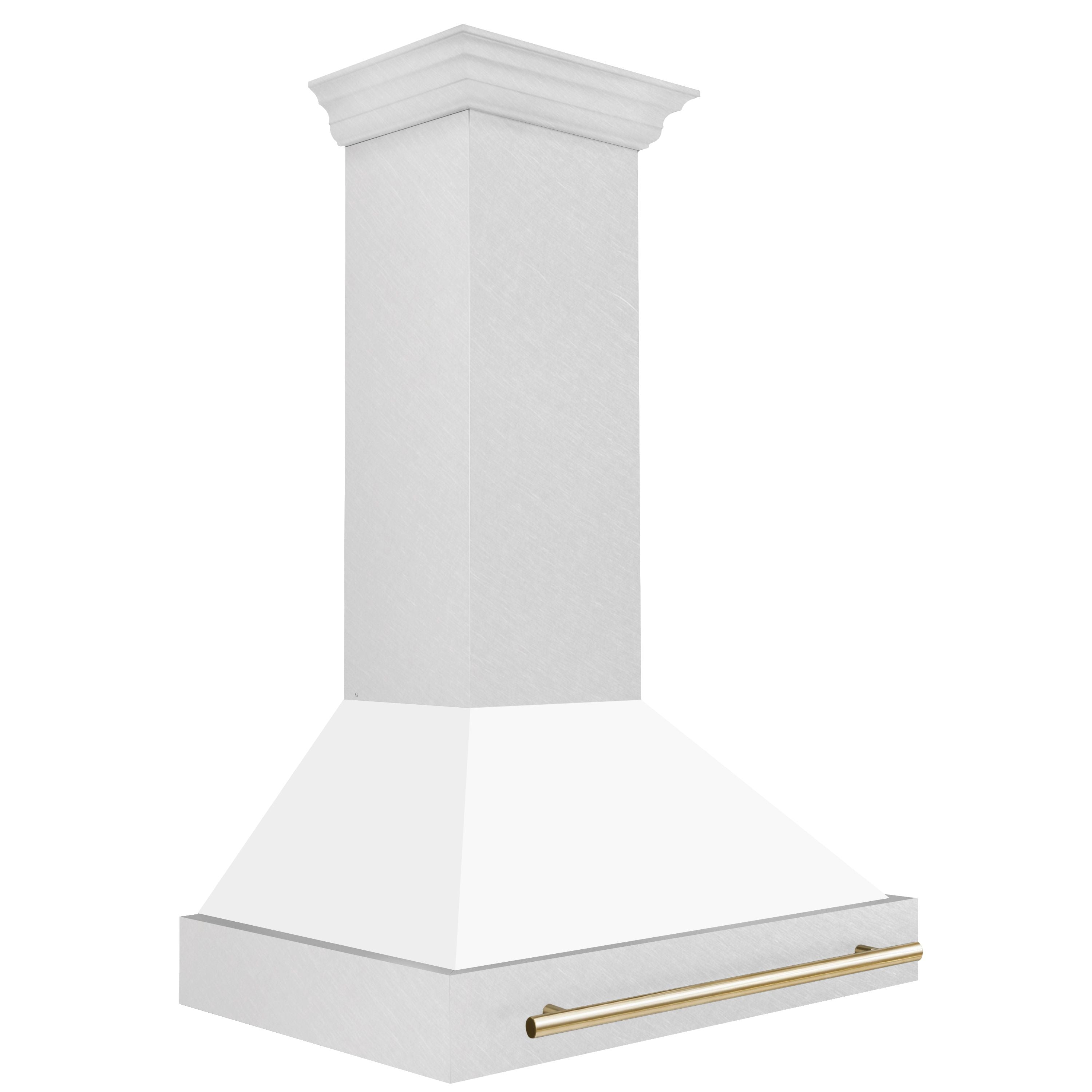 ZLINE 36 in. Wall Mount Range Hood Satin Stainless Steel White Matte Shell 700 CFM Polished Gold Handle (8654SNZ-WM36-G)