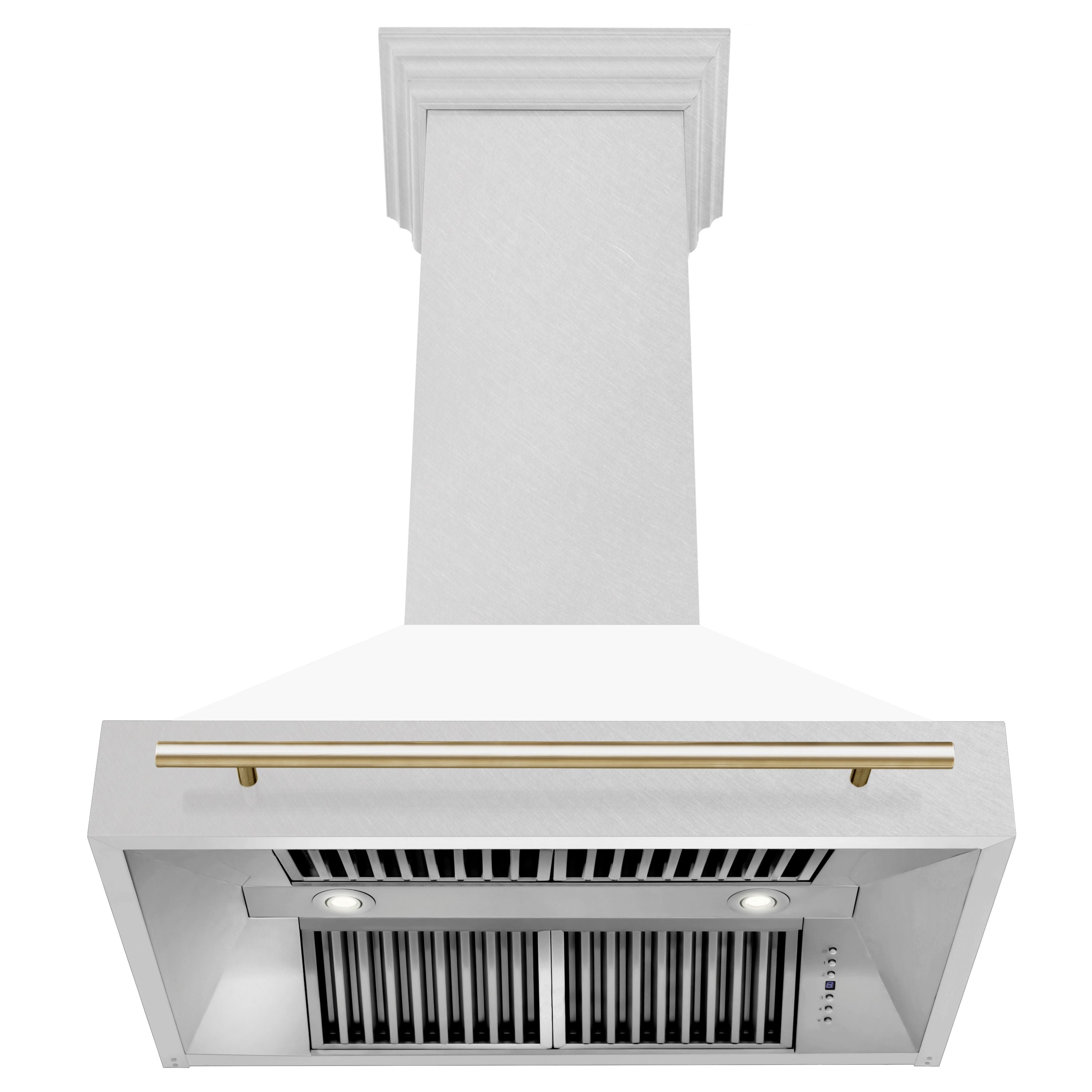 ZLINE 36 in. Wall Mount Range Hood Satin Stainless Steel White Matte Shell 700 CFM Polished Gold Handle (8654SNZ-WM36-G)