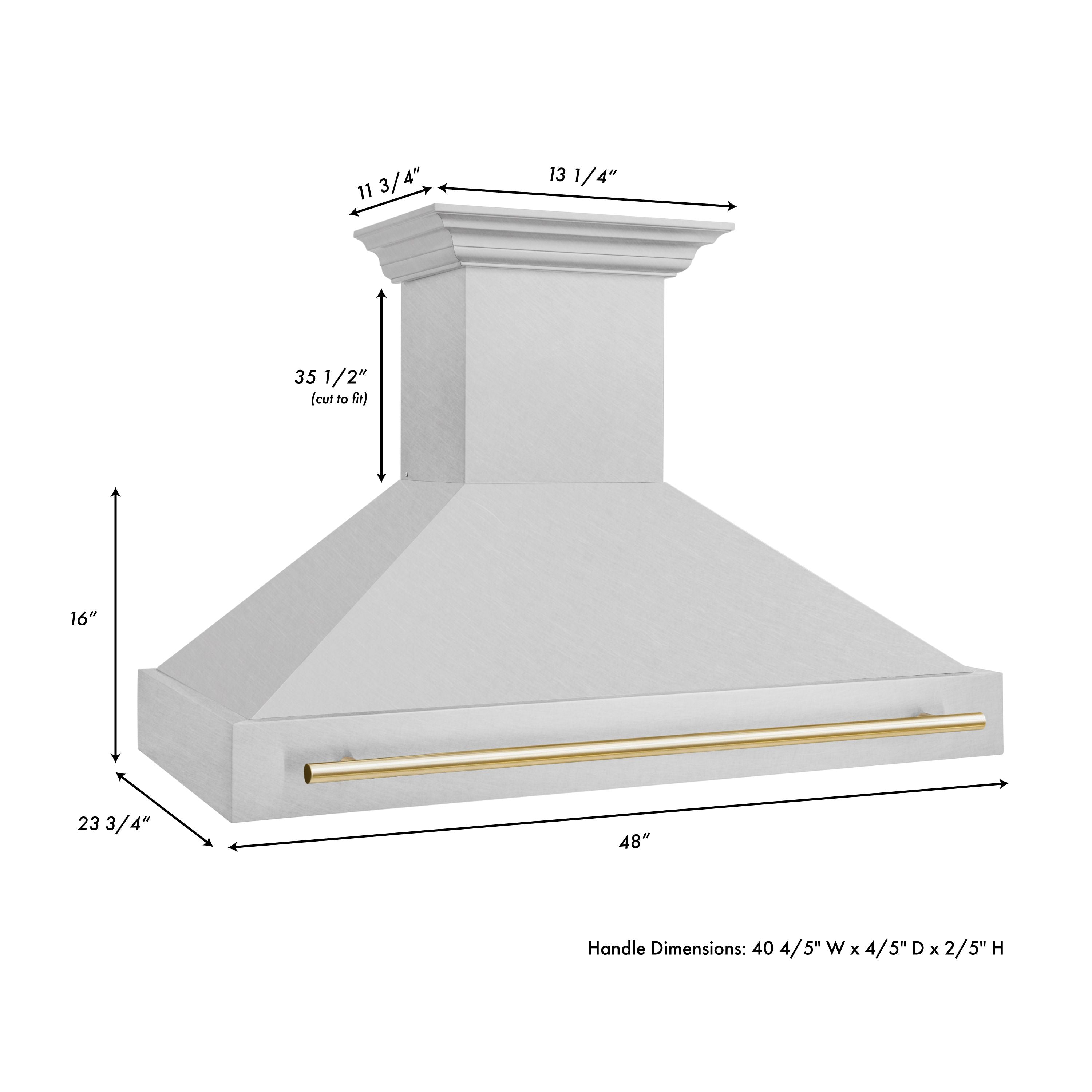 ZLINE 48 Inch Wall Mount Range Hood Satin Stainless Steel Polished Gold Handle Autograph Edition (8654SNZ-48-G)