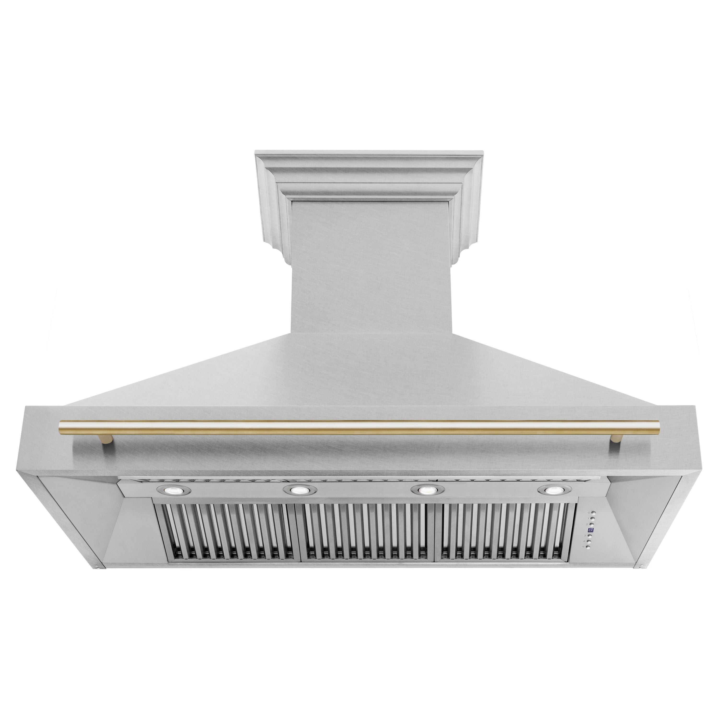 ZLINE 48 Inch Wall Mount Range Hood Satin Stainless Steel Polished Gold Handle Autograph Edition (8654SNZ-48-G)
