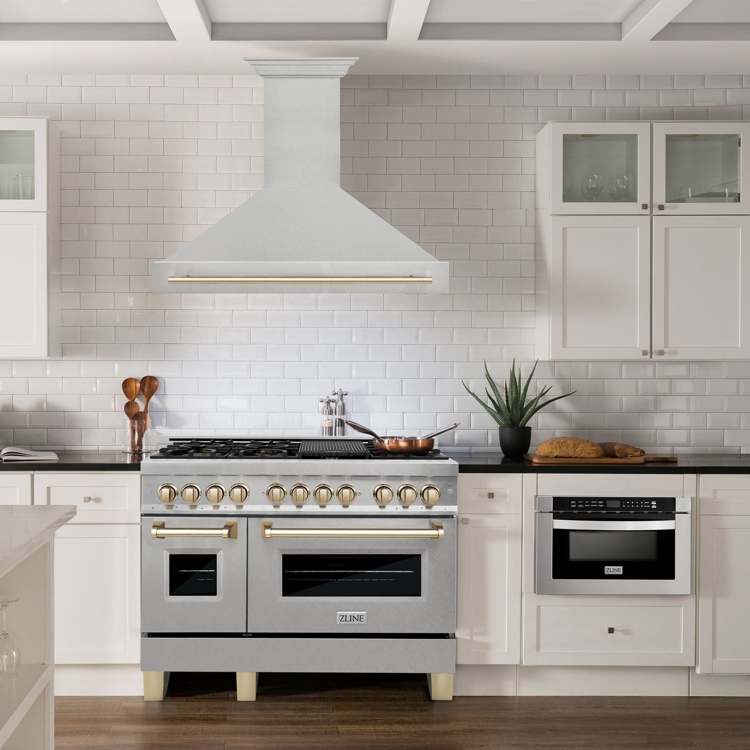 ZLINE 48 Inch Wall Mount Range Hood Satin Stainless Steel Polished Gold Handle Autograph Edition (8654SNZ-48-G)