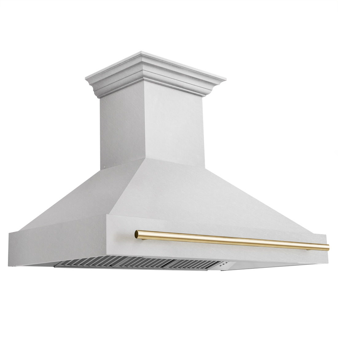 ZLINE 48 Inch Wall Mount Range Hood Satin Stainless Steel Polished Gold Handle Autograph Edition (8654SNZ-48-G)