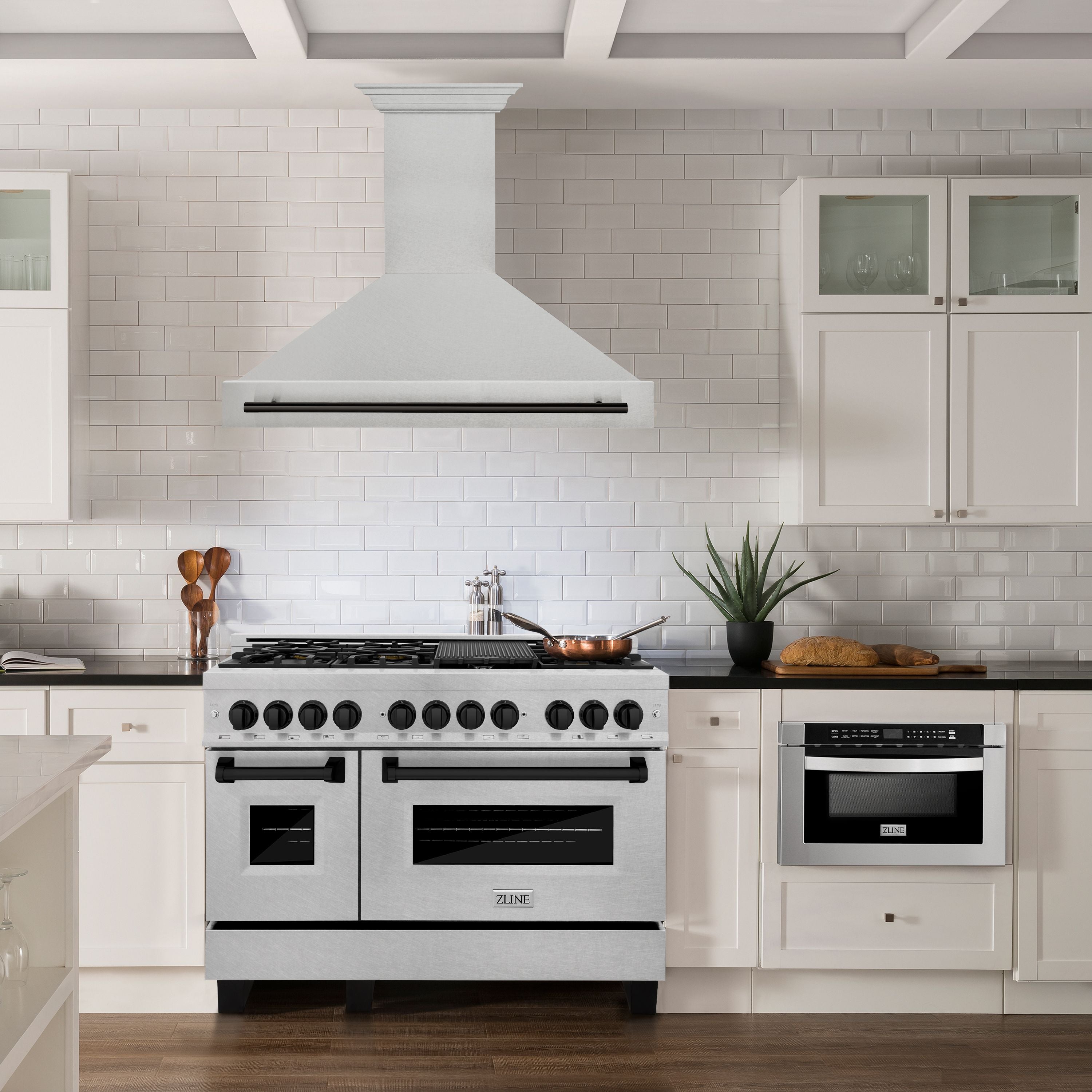 ZLINE 48 in. Wall Mount Range Hood Satin Stainless Steel 700 CFM Matte Black Handle (8654SNZ-48-MB)
