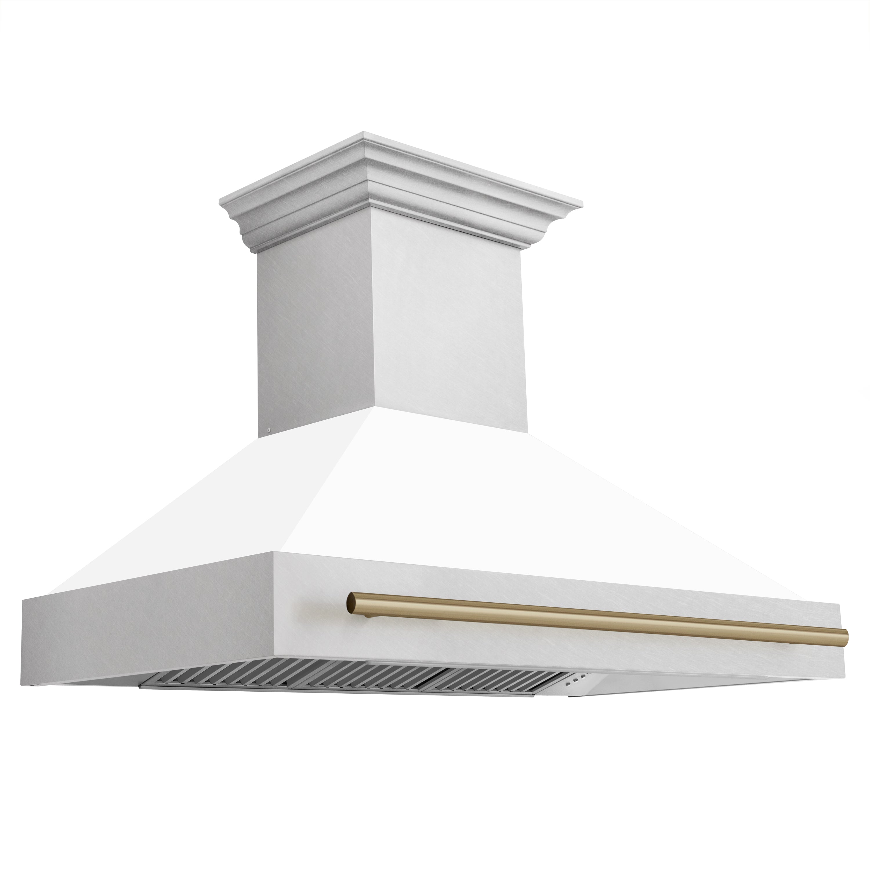 ZLINE Autograph Package - 48" Gas Range and Range Hood in Satin Stainless Steel, White Matte, Bronze Accents