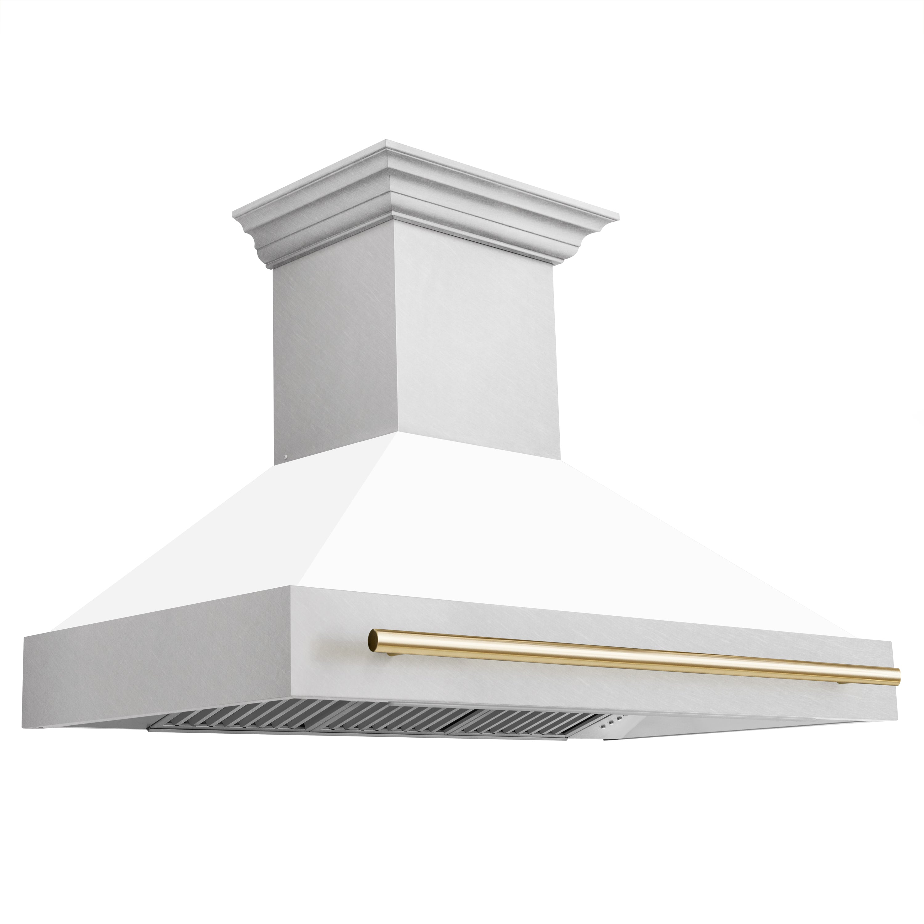 ZLINE Autograph Package - 48" Gas Range, Range Hood, and Dishwasher in White Matte and Satin Stainless Steel with Gold Accents, 3AKPR-RGSWMRHDWM48-G
