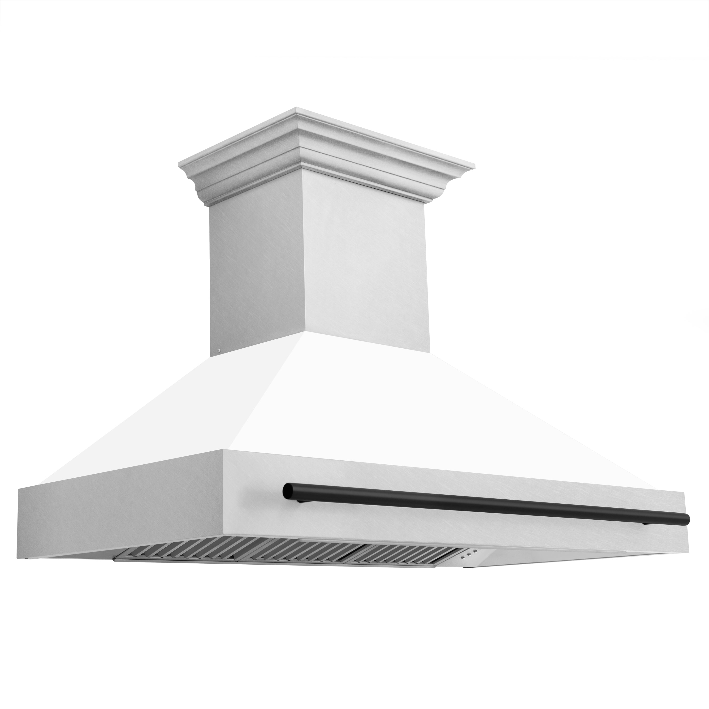 ZLINE Autograph Package - 48" Dual Fuel Range, Range Hood in Satin Stainless Steel Stainless with White Matte Door, Matte Black Accents