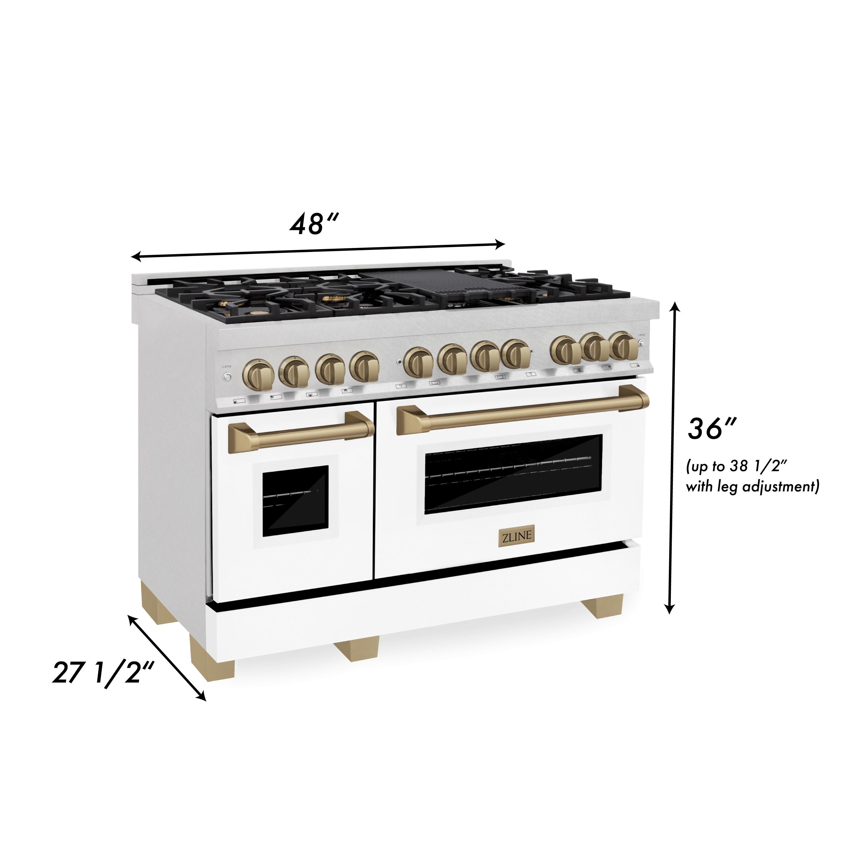 ZLINE Autograph Edition 48 in. 6.0 cu. ft. Legacy Dual Fuel Range with 7 Burner Gas Cooktop and Double Electric Ovens in Satin Stainless Steel with White Matte Doors and Champagne Bronze Accents (RASZ-WM-48-CB)