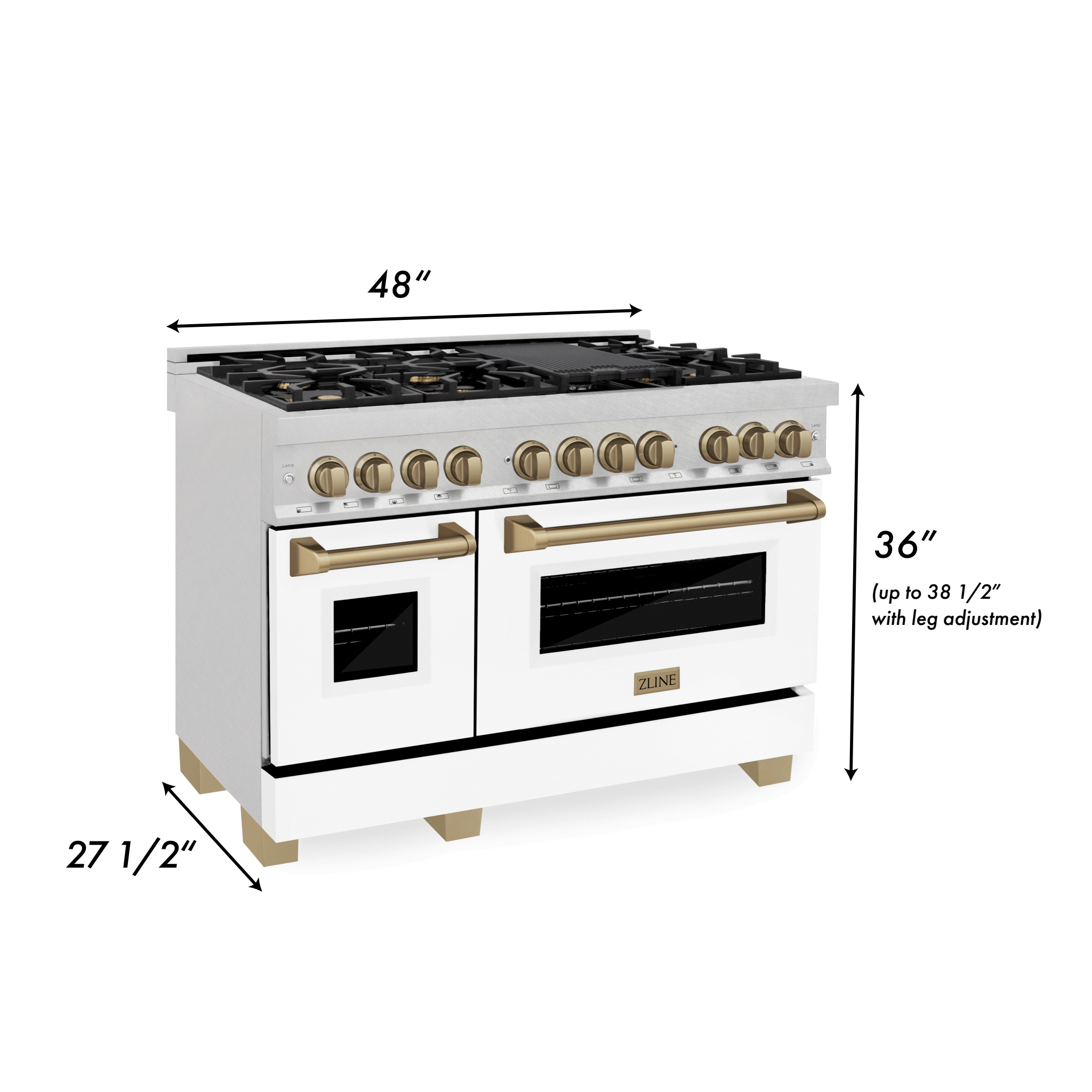 ZLINE Autograph Edition 48 in. 6.0 cu. ft. Legacy Dual Fuel Range with 7 Burner Gas Cooktop and Double Electric Ovens in Satin Stainless Steel with White Matte Doors and Champagne Bronze Accents (RASZ-WM-48-CB)