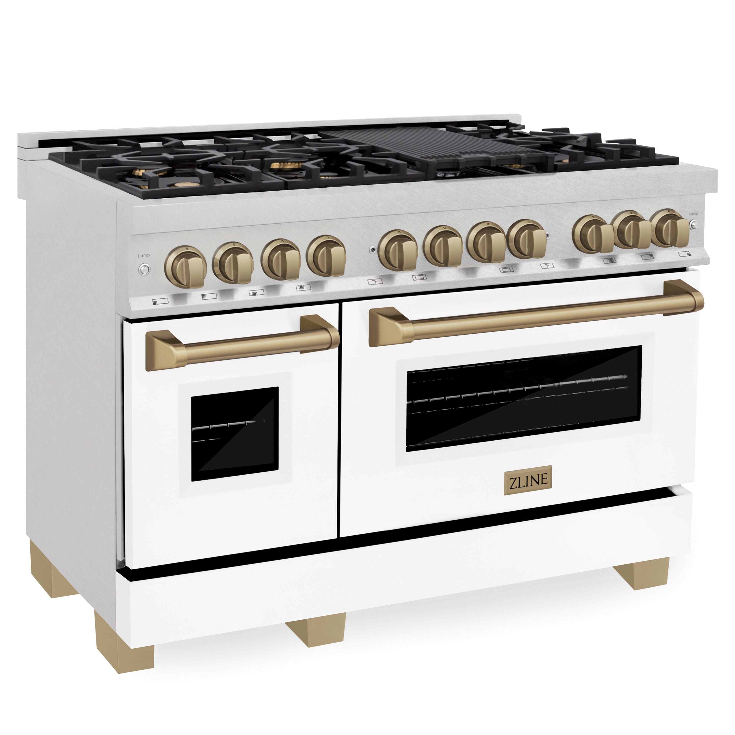 ZLINE Autograph Edition 48 in. 6.0 cu. ft. Legacy Dual Fuel Range with 7 Burner Gas Cooktop and Double Electric Ovens in Satin Stainless Steel with White Matte Doors and Champagne Bronze Accents (RASZ-WM-48-CB)