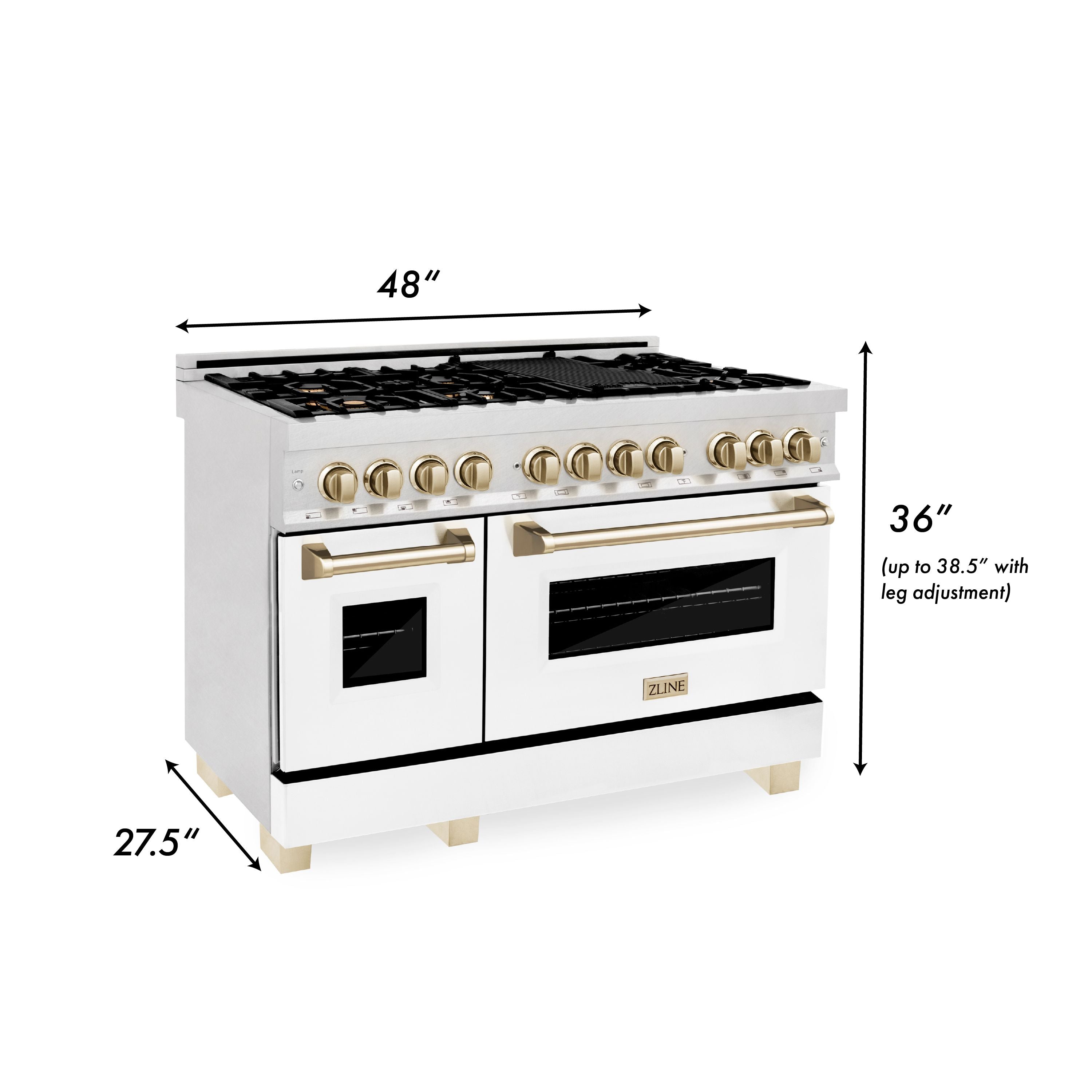 ZLINE Autograph Package - 48" Dual Fuel Range, Range Hood in Satin Stainless Steel, White Matte Finish, Gold Accents