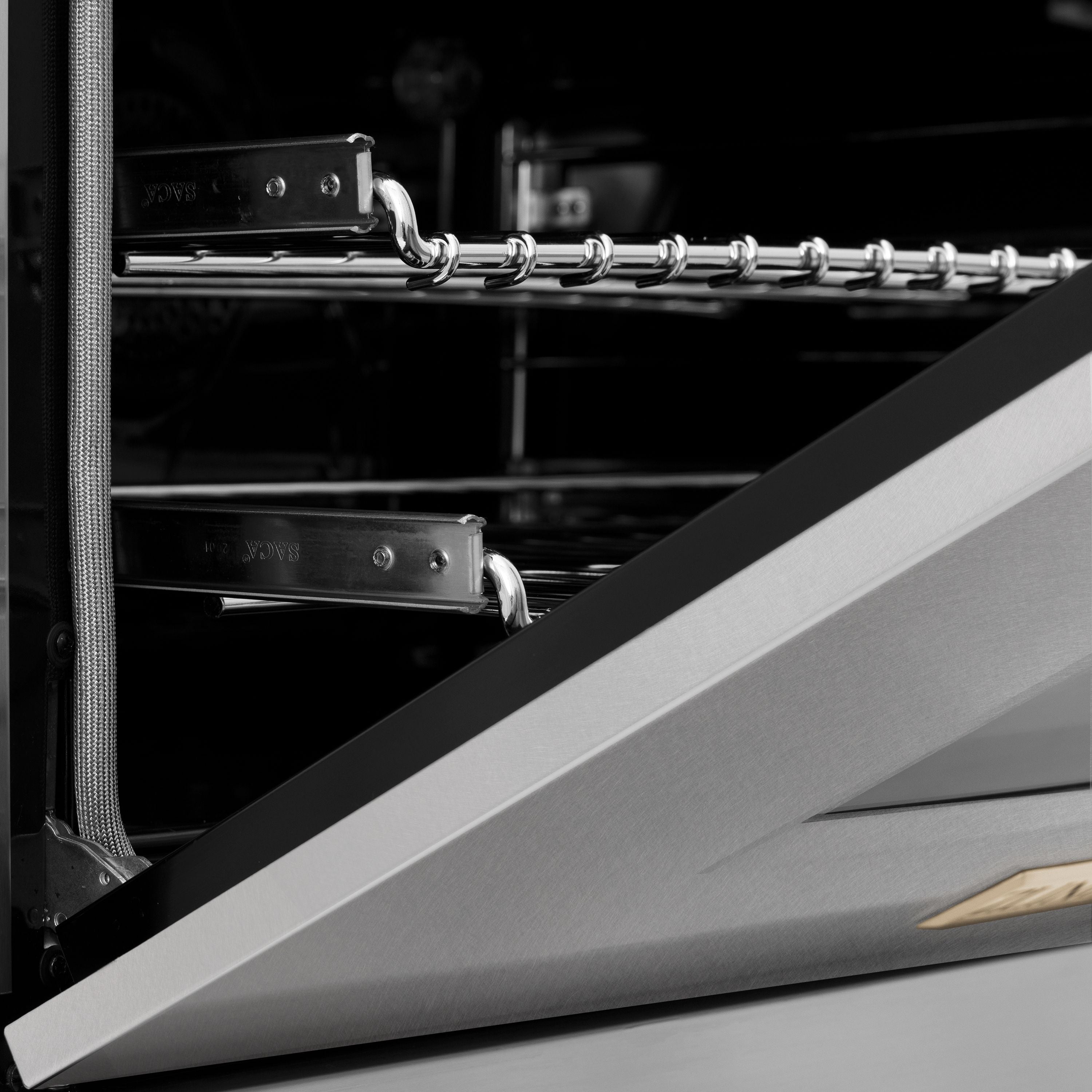 ZLINE Autograph Edition 48 in. 6.0 cu. ft. Legacy Dual Fuel Range with 7 Burner Gas Cooktop and Double Electric Ovens in Satin Stainless Steel with Polished Gold Accents (RASZ-SN-48-G)