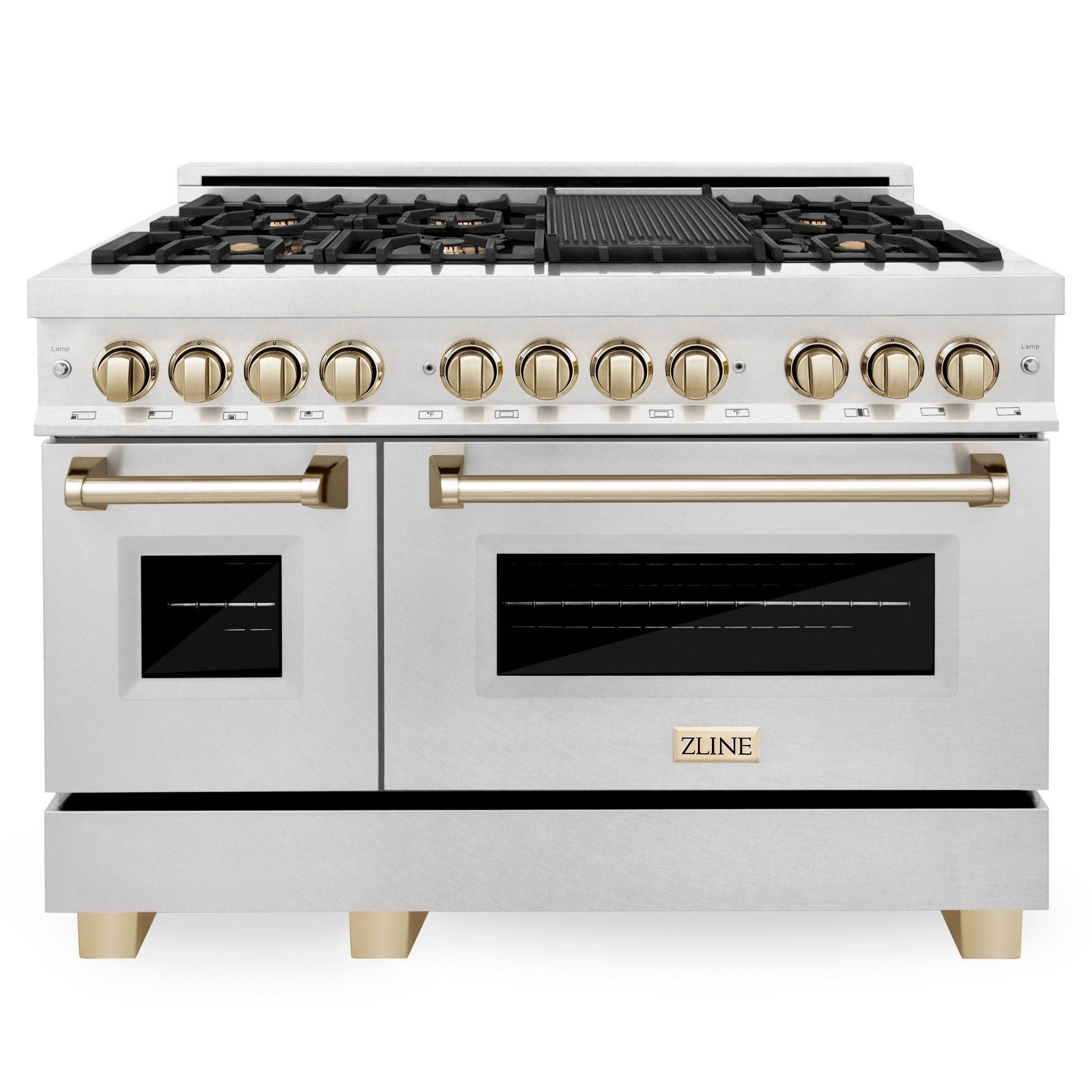 ZLINE Autograph Edition 48 in. 6.0 cu. ft. Legacy Dual Fuel Range with 7 Burner Gas Cooktop and Double Electric Ovens in Satin Stainless Steel with Polished Gold Accents (RASZ-SN-48-G)