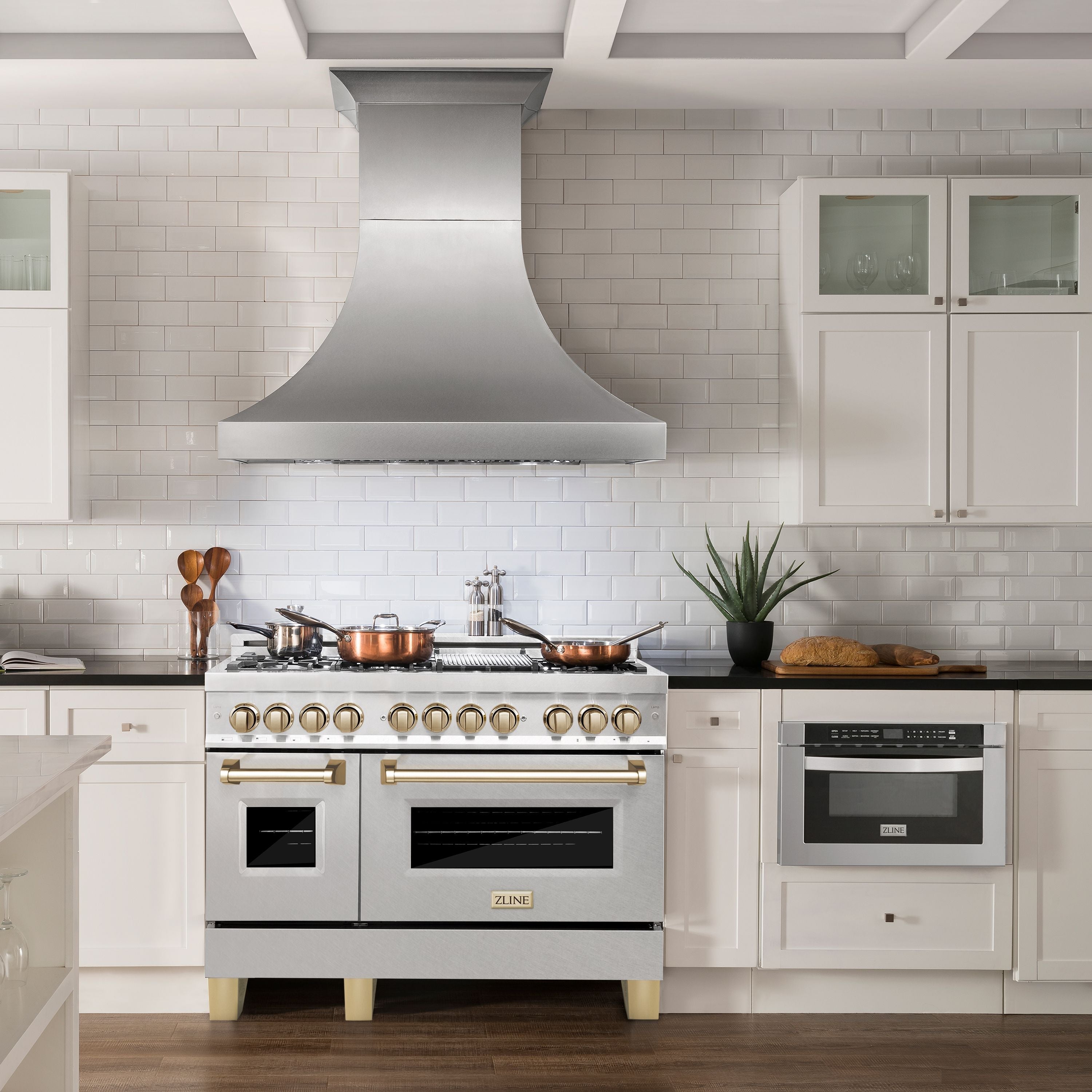 ZLINE Autograph Edition 48 in. 6.0 cu. ft. Legacy Dual Fuel Range with 7 Burner Gas Cooktop and Double Electric Ovens in Satin Stainless Steel with Polished Gold Accents (RASZ-SN-48-G)