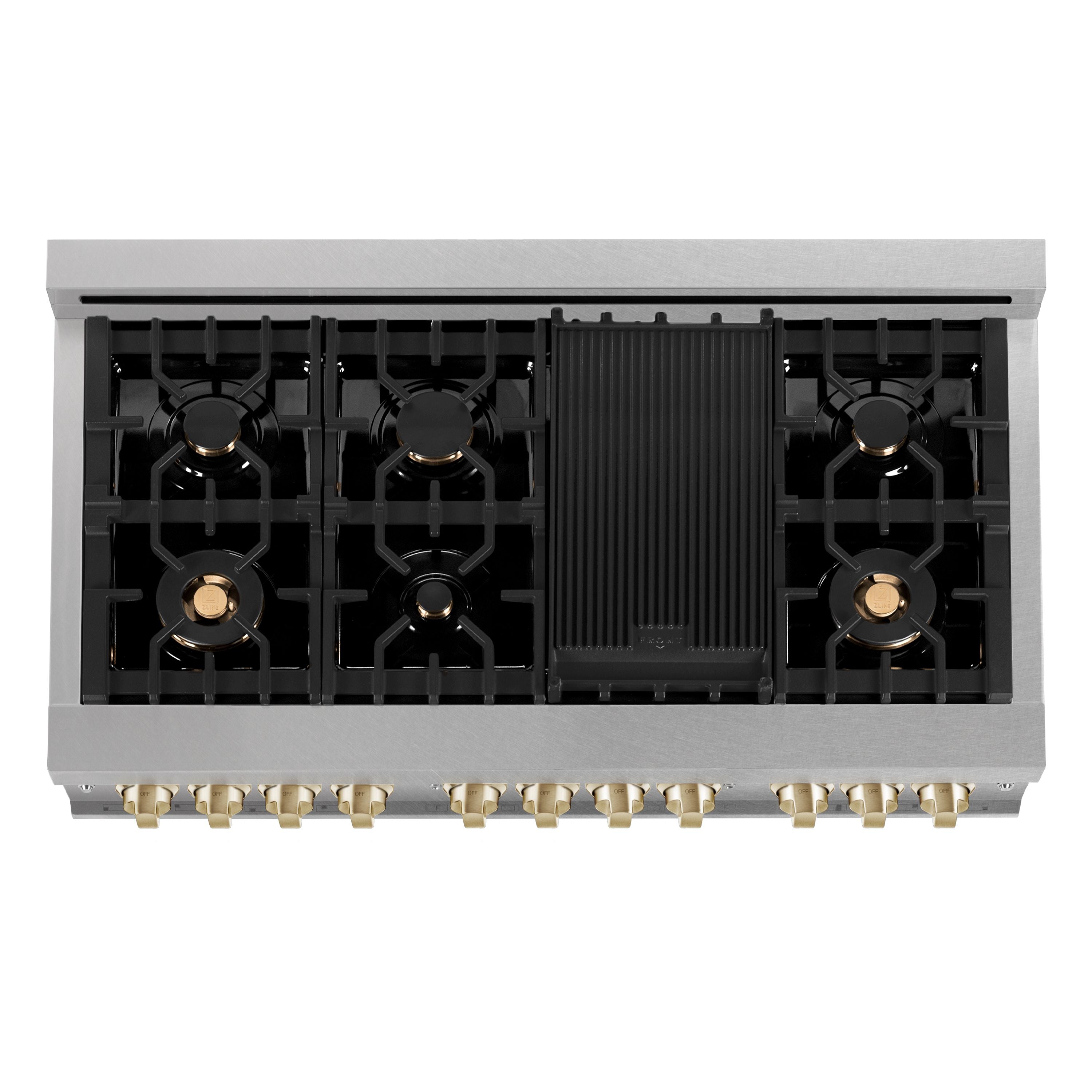 ZLINE Autograph Edition 48 in. 6.0 cu. ft. Legacy Dual Fuel Range with 7 Burner Gas Cooktop and Double Electric Ovens in Satin Stainless Steel with Polished Gold Accents (RASZ-SN-48-G)