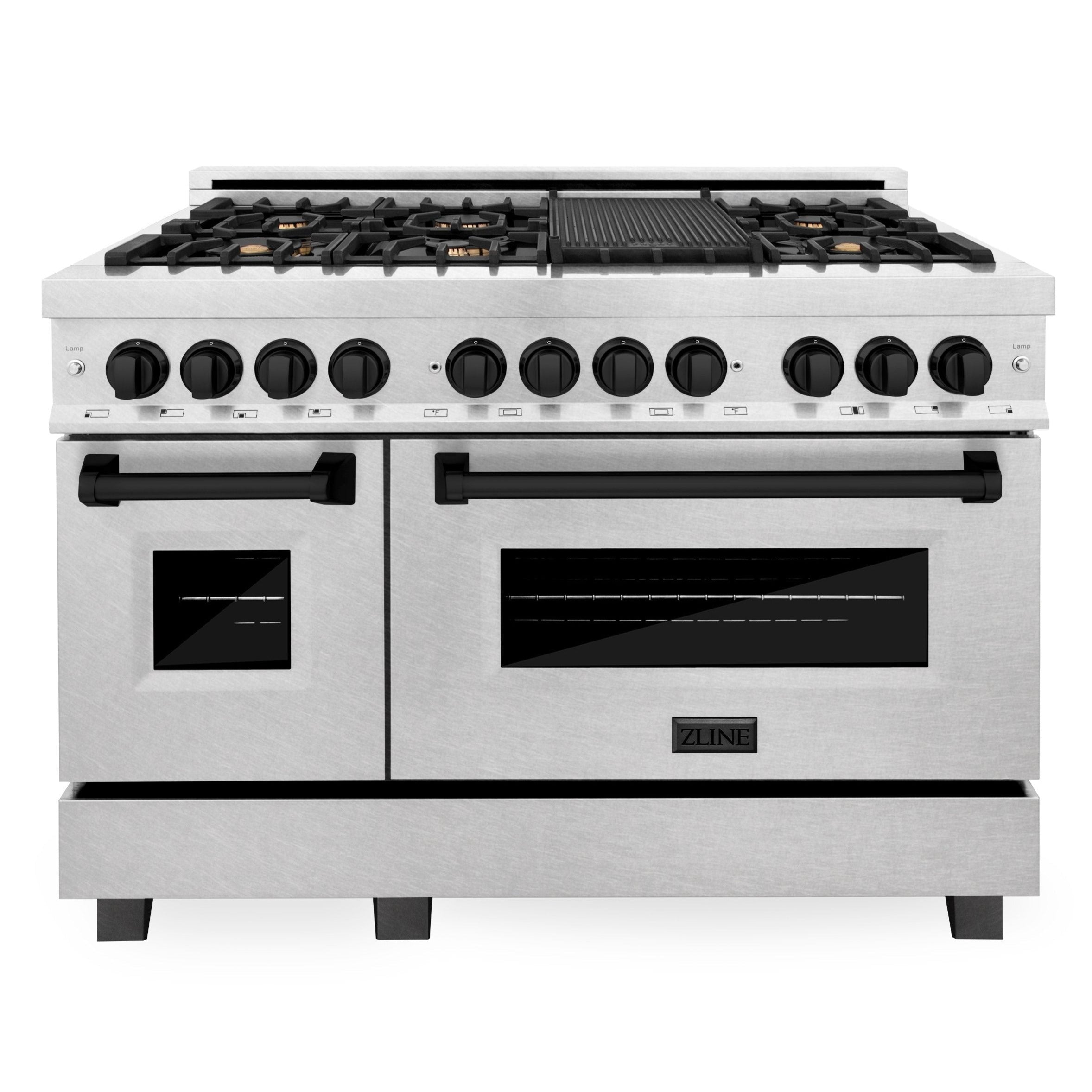ZLINE Autograph 48 in. Legacy Dual Fuel Range with 7 Gas Burners and Double Electric Ovens (6.0 cu. ft.) in Satin Stainless Steel with Matte Black Accents – RASZ-SN-48-MB