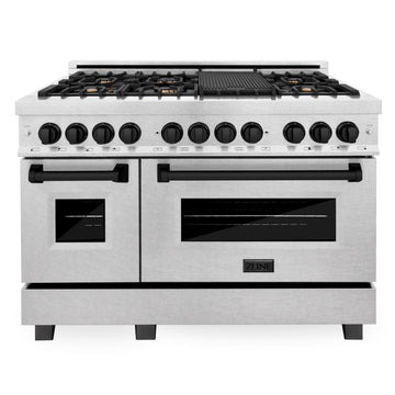 ZLINE Autograph 48 in. Legacy Dual Fuel Range with 7 Gas Burners and Double Electric Ovens (6.0 cu. ft.) in Satin Stainless Steel with Matte Black Accents – RASZ-SN-48-MB