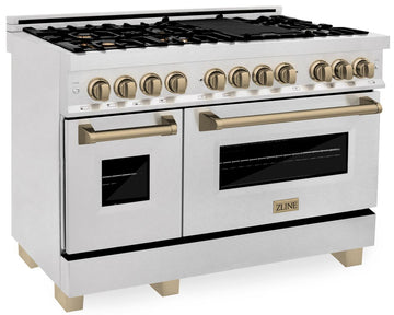 ZLINE Autograph Edition 48 in. Dual Fuel Range with 7 Gas Burners and Double Electric Ovens, 6.0 cu. ft., Satin Stainless Steel with Champagne Bronze Accents (Model RASZ-SN-48-CB)