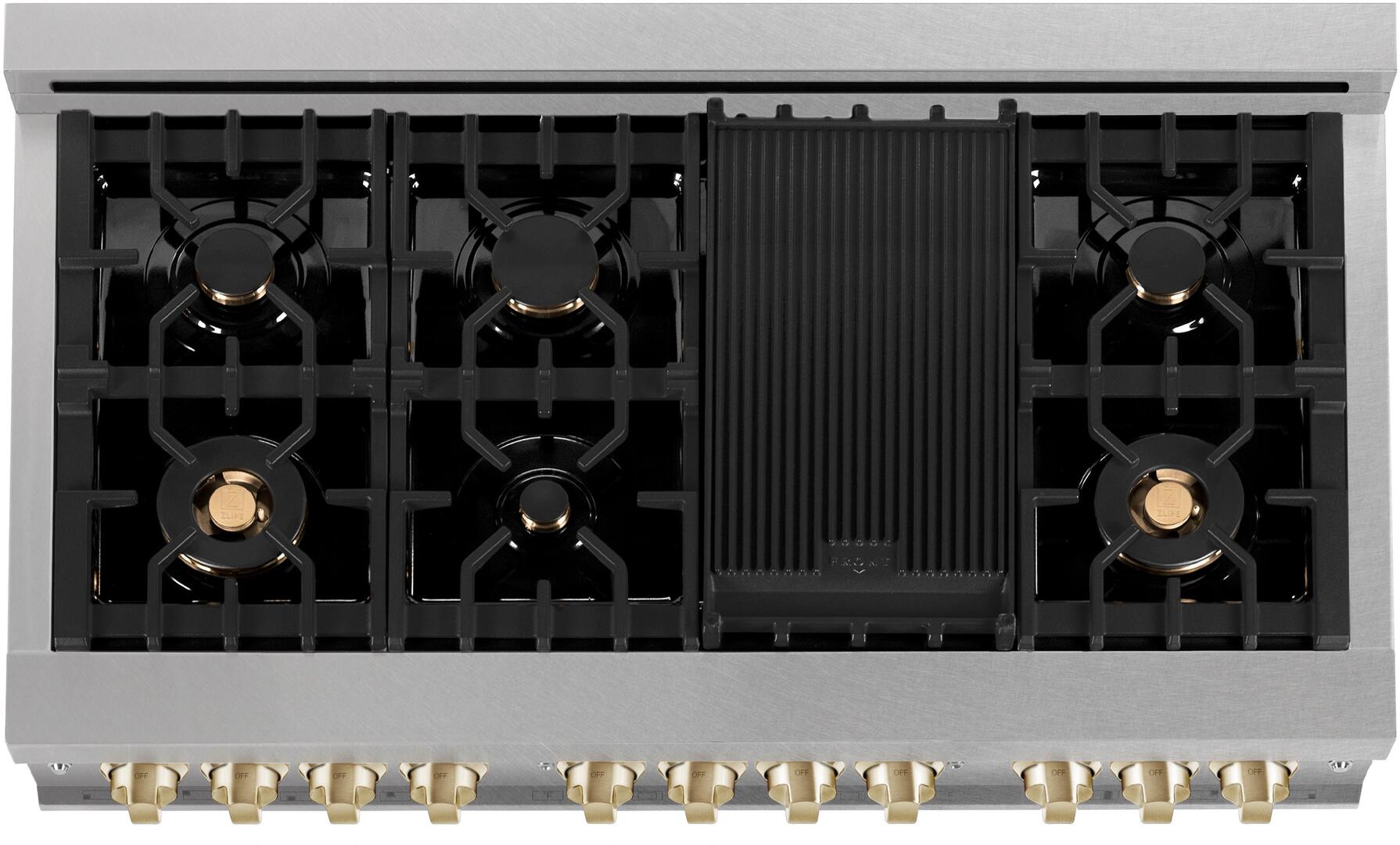 ZLINE Autograph Edition 48 in. Dual Fuel Range with 7 Gas Burners and Double Electric Ovens, 6.0 cu. ft., Satin Stainless Steel with Champagne Bronze Accents (Model RASZ-SN-48-CB)