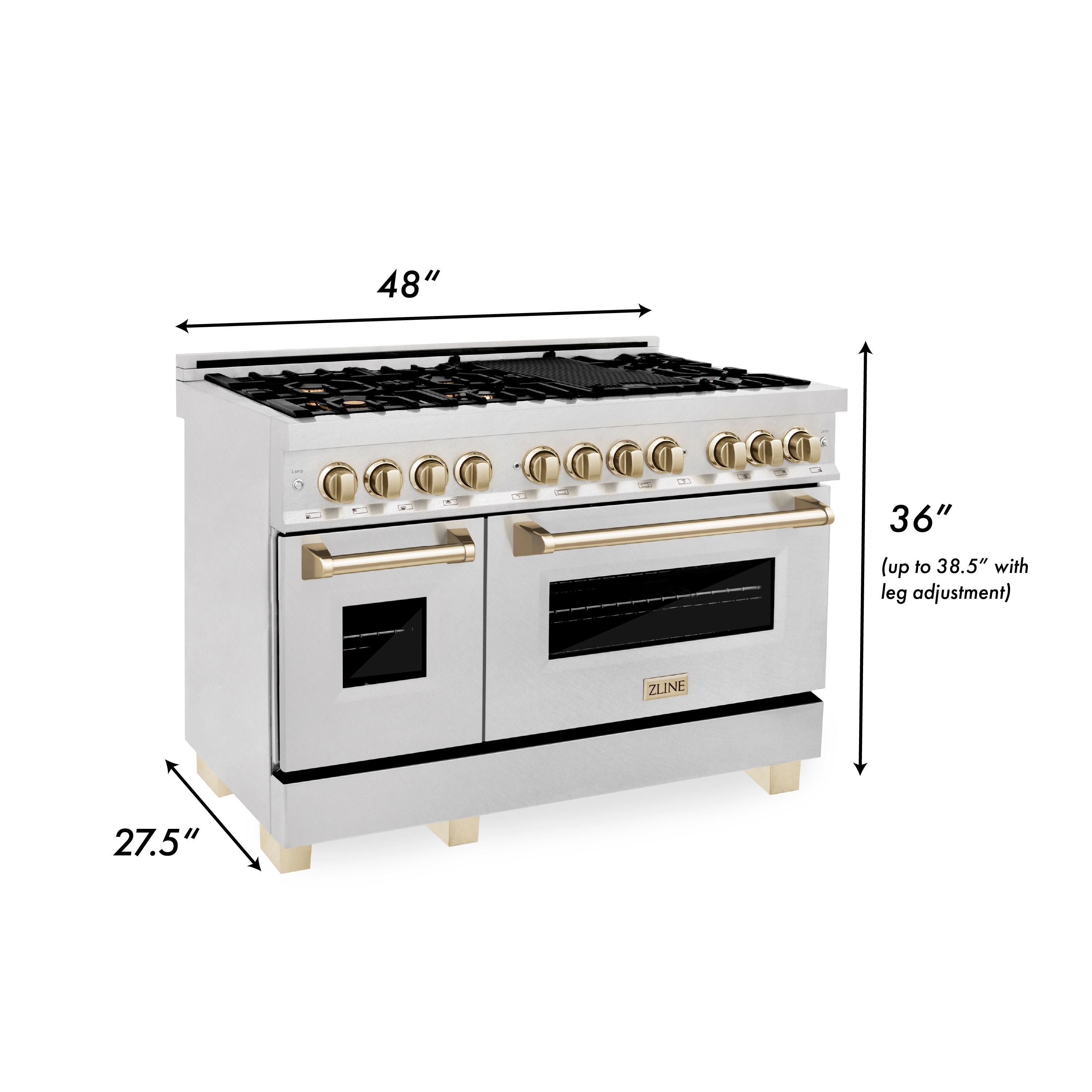 ZLINE Autograph Package - 48 In. Dual Fuel Range and Range Hood in Satin Stainless Steel with Gold Accents, 2AKPR-RASRH48-G