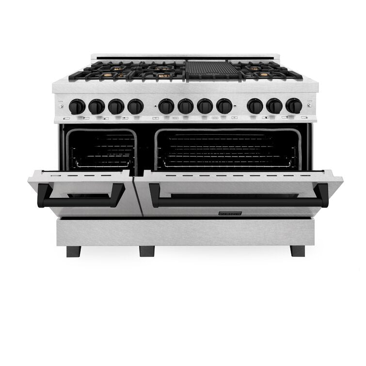 ZLINE Autograph Package - 48 In. Dual Fuel Range and Range Hood in Satin Stainless Steel with Matte Black Accents, 2AKPR-RASRH48-MB