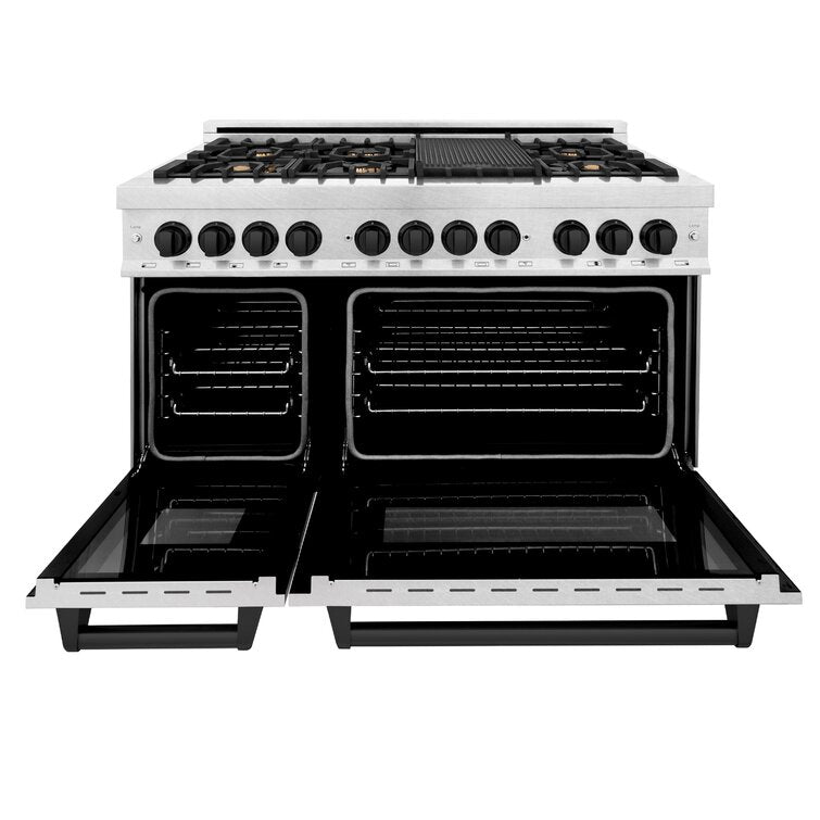 ZLINE Autograph Package - 48 In. Dual Fuel Range and Range Hood in Satin Stainless Steel with Matte Black Accents, 2AKPR-RASRH48-MB