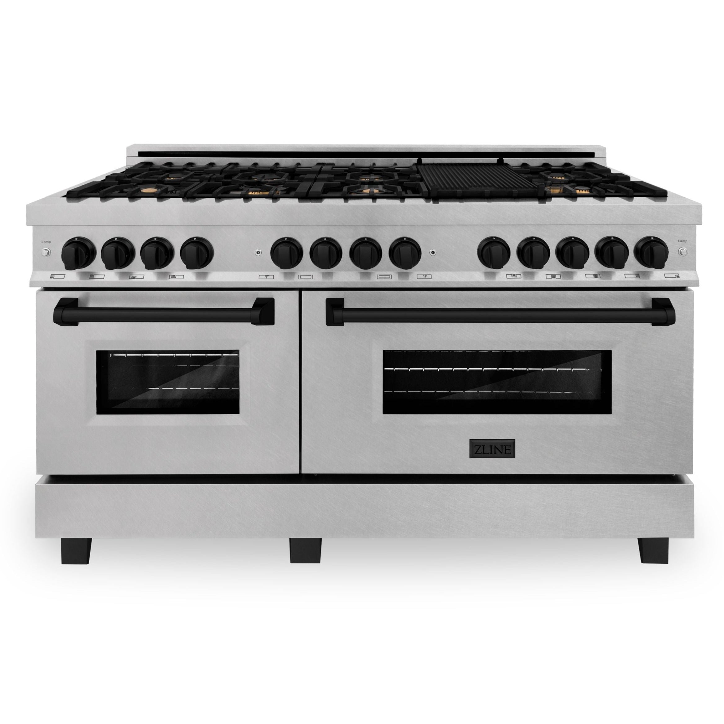 ZLINE Autograph Edition 60 in. 7.4 cu. ft. Legacy Dual Fuel Range with 9 Gas Burners and Double Electric Convection Ovens in Satin Stainless Steel with Matte Black Accents (RASZ-SN-60-MB)
