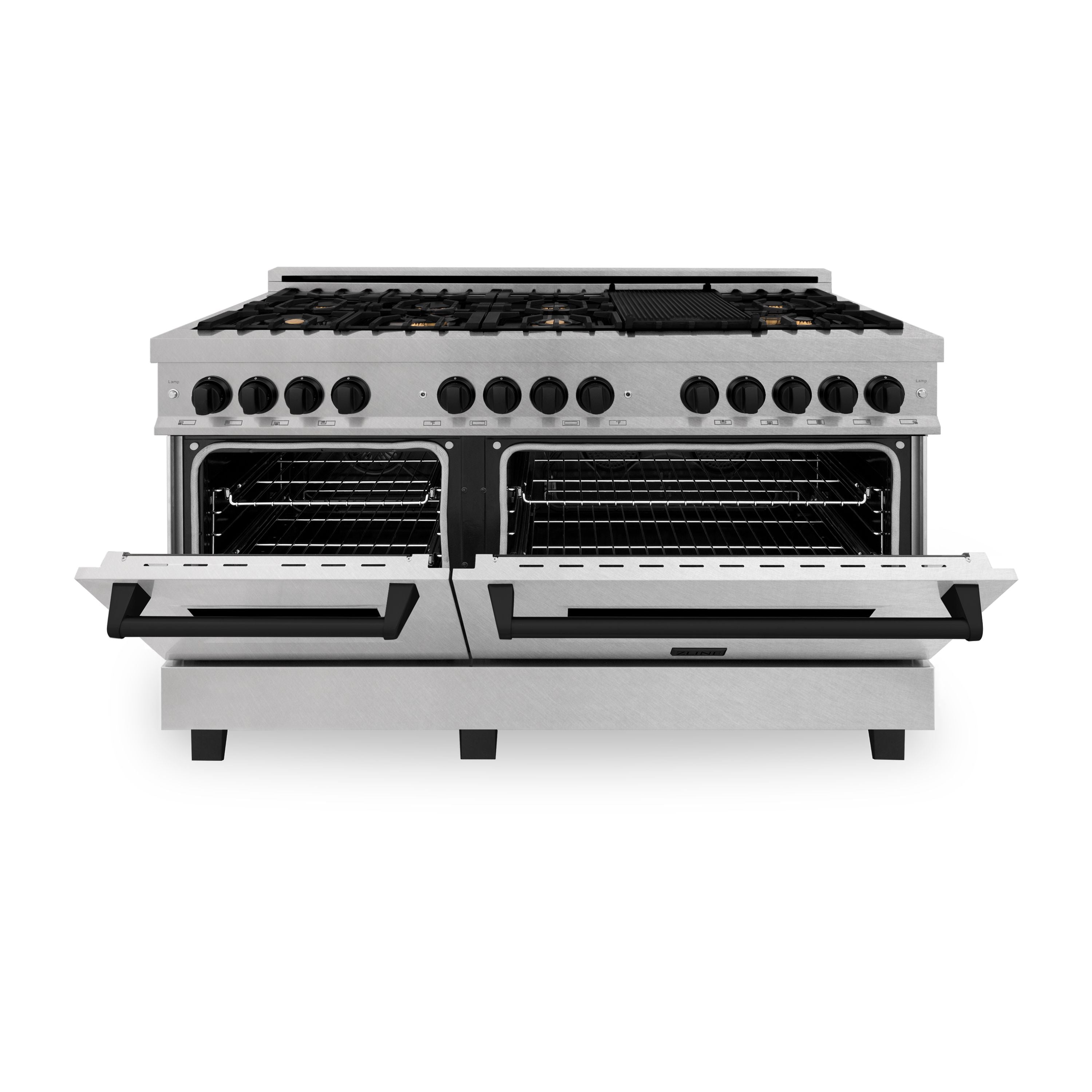 ZLINE Autograph Edition 60 in. 7.4 cu. ft. Legacy Dual Fuel Range with 9 Gas Burners and Double Electric Convection Ovens in Satin Stainless Steel with Matte Black Accents (RASZ-SN-60-MB)