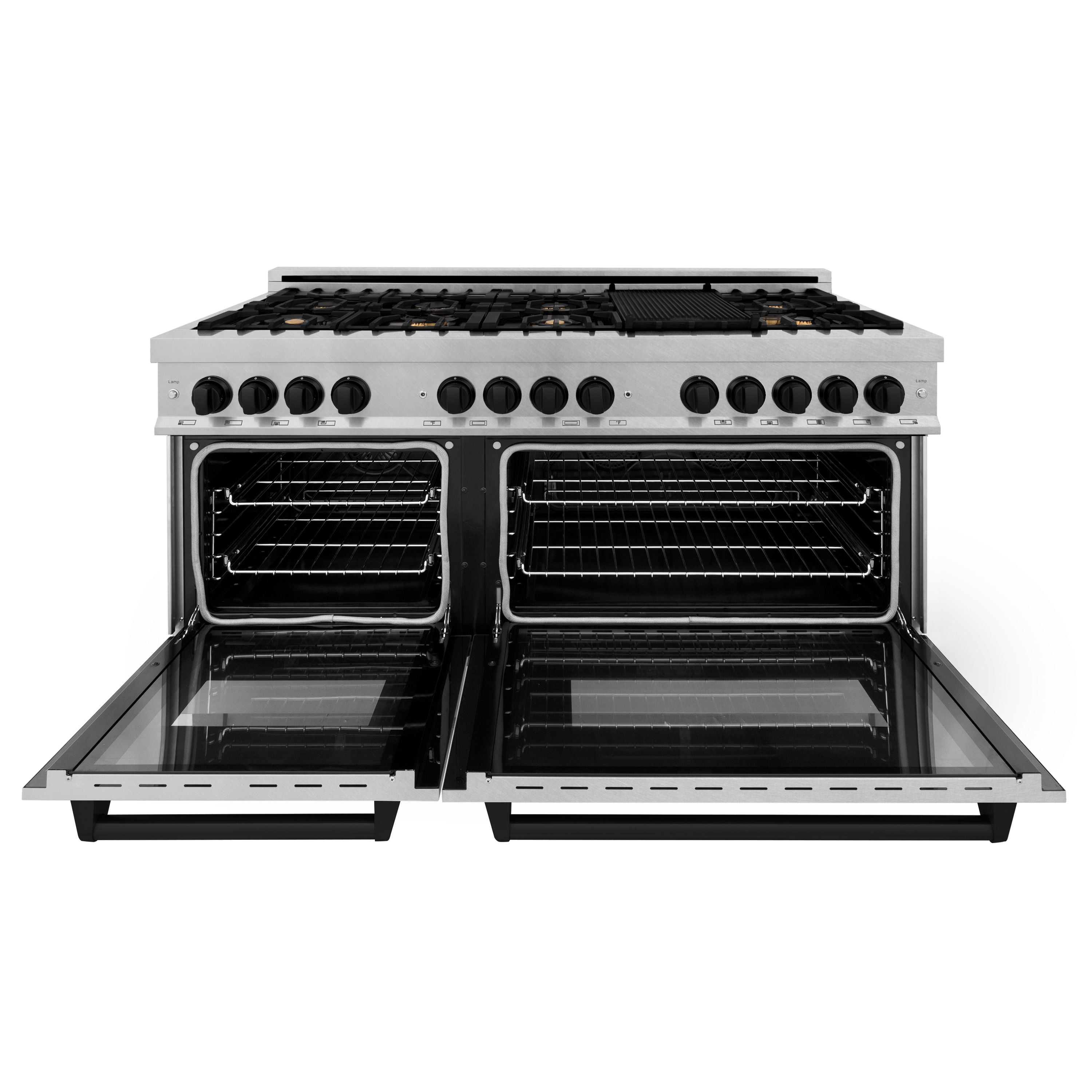 ZLINE Autograph Edition 60 in. 7.4 cu. ft. Legacy Dual Fuel Range with 9 Gas Burners and Double Electric Convection Ovens in Satin Stainless Steel with Matte Black Accents (RASZ-SN-60-MB)