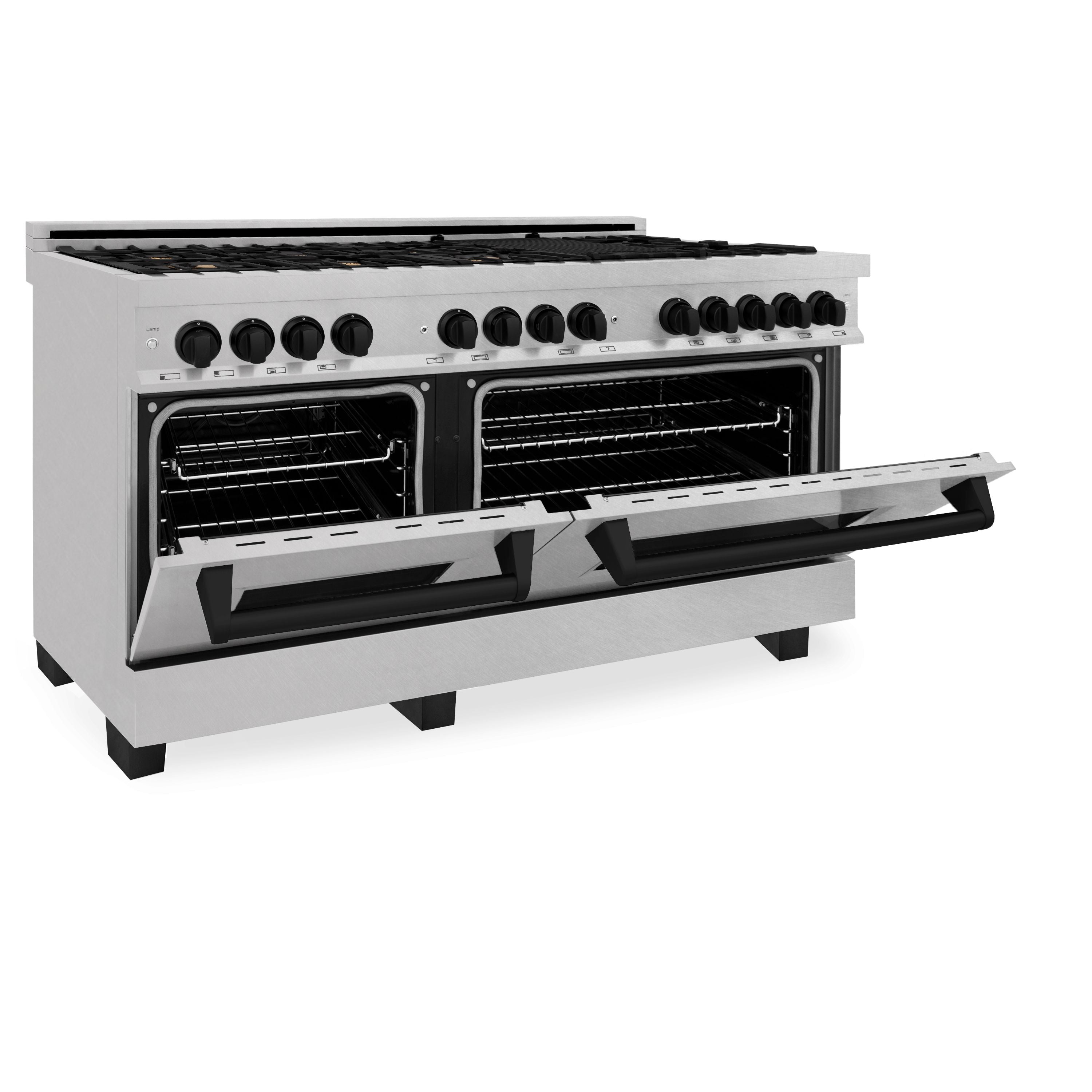 ZLINE Autograph Edition 60 in. 7.4 cu. ft. Legacy Dual Fuel Range with 9 Gas Burners and Double Electric Convection Ovens in Satin Stainless Steel with Matte Black Accents (RASZ-SN-60-MB)
