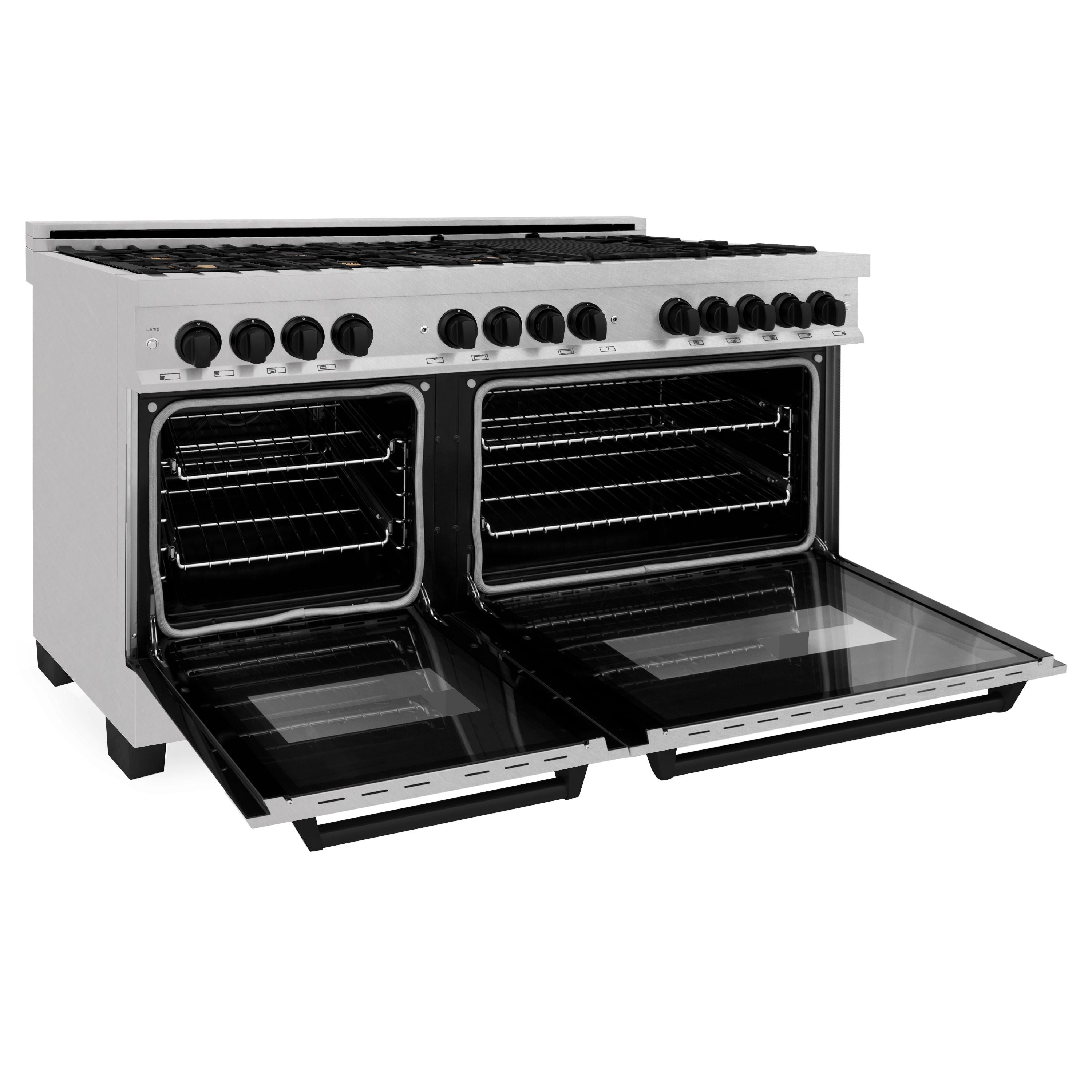 ZLINE Autograph Edition 60 in. 7.4 cu. ft. Legacy Dual Fuel Range with 9 Gas Burners and Double Electric Convection Ovens in Satin Stainless Steel with Matte Black Accents (RASZ-SN-60-MB)