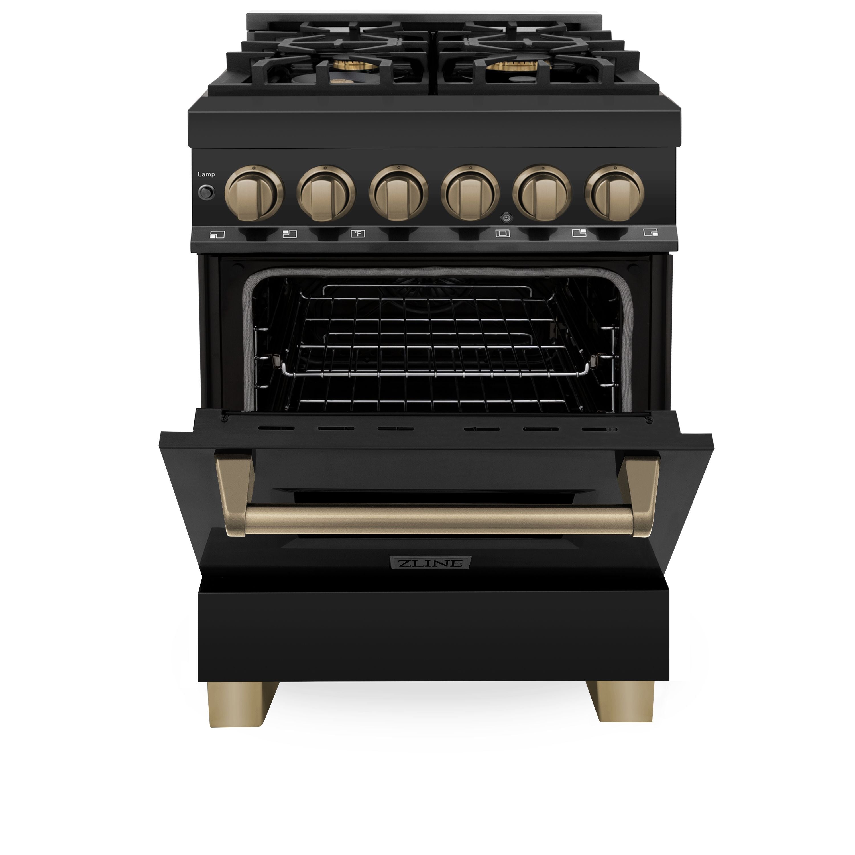 ZLINE Autograph Edition 24 in. Dual Fuel Range – Black Stainless Steel with Bronze Accents (RABZ-24-CB)