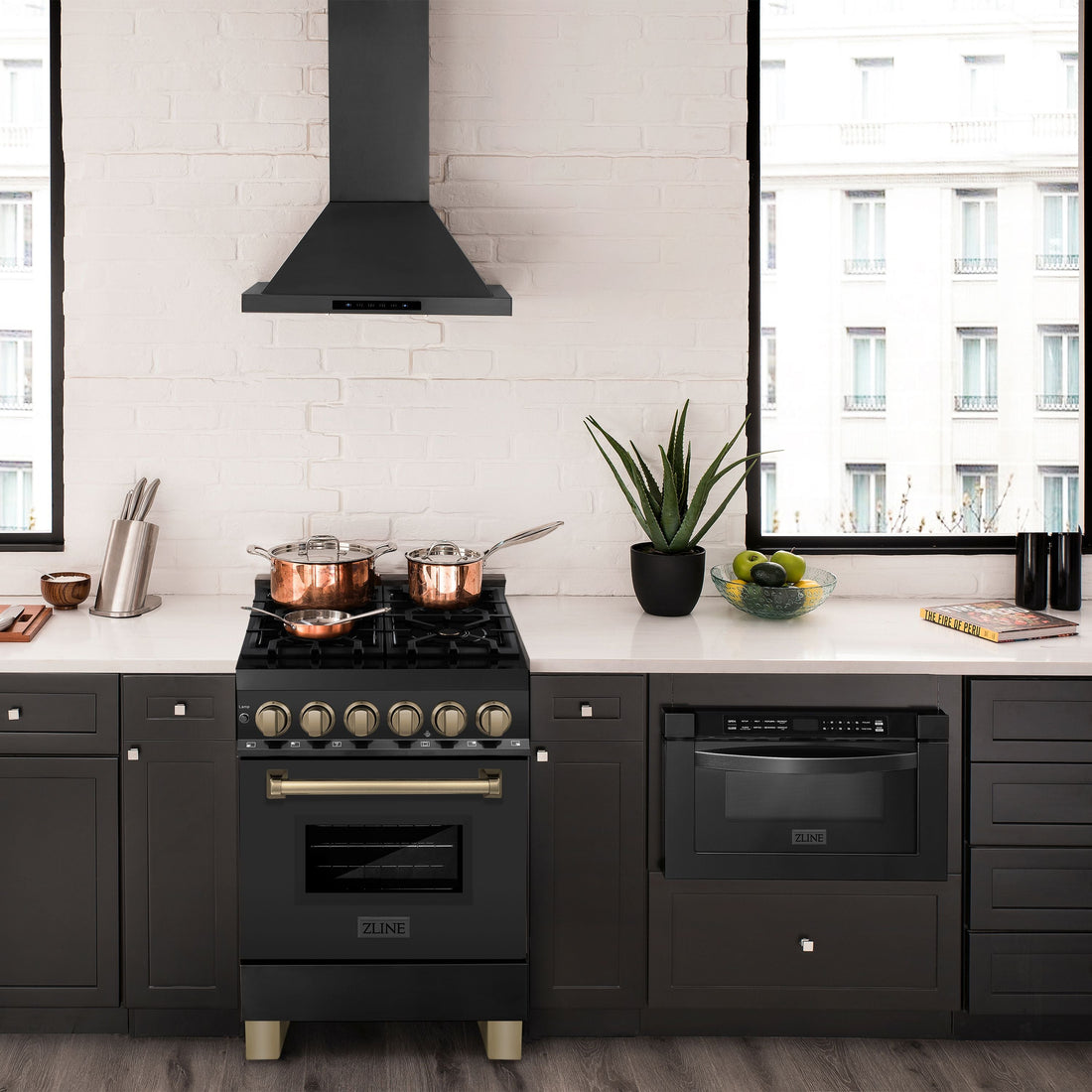 ZLINE Autograph Edition 24 in. Dual Fuel Range – Black Stainless Steel with Bronze Accents (RABZ-24-CB)